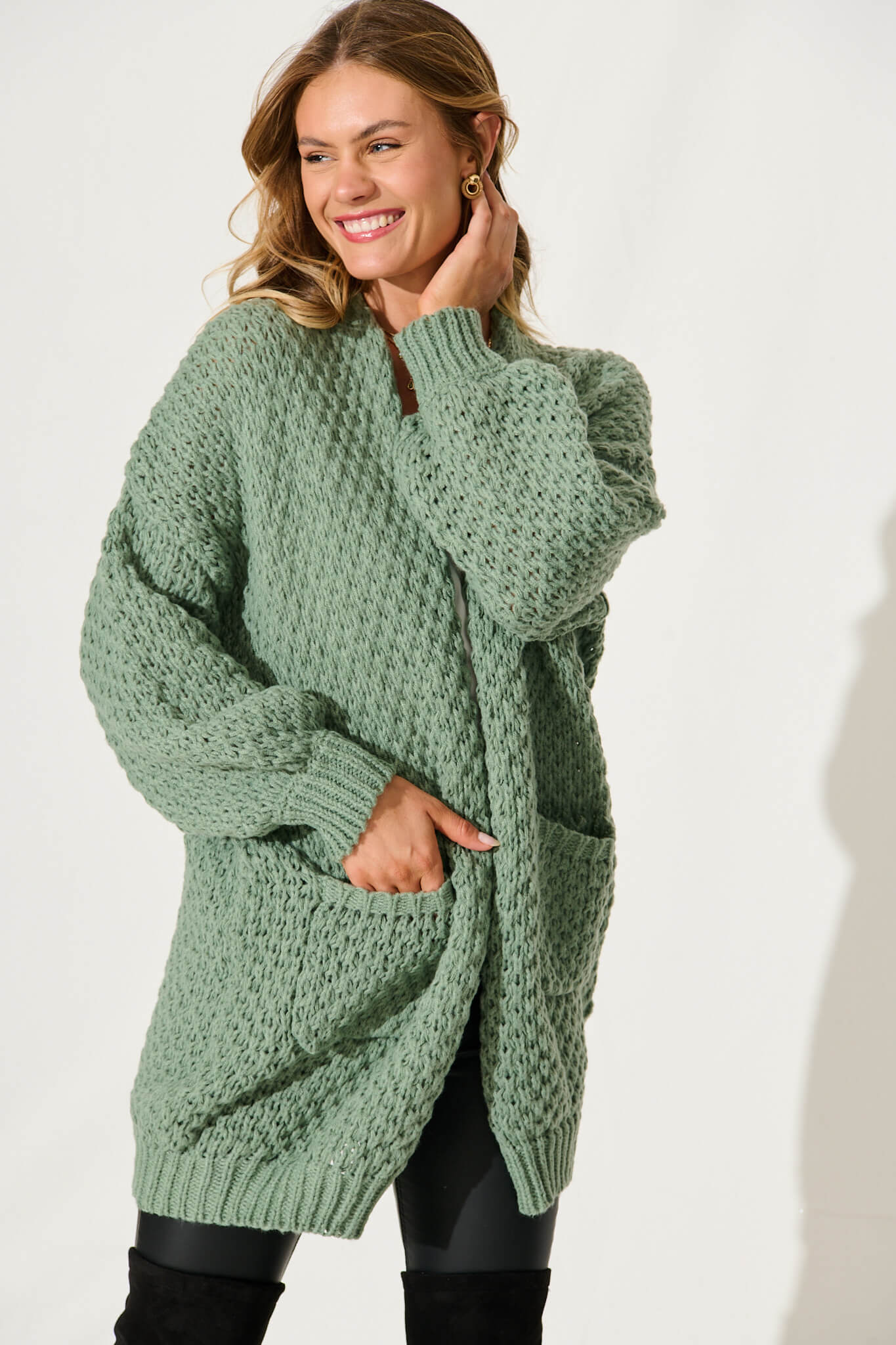 Tranquil Knit Cardigan In Pale Green Wool Blend - Image 2