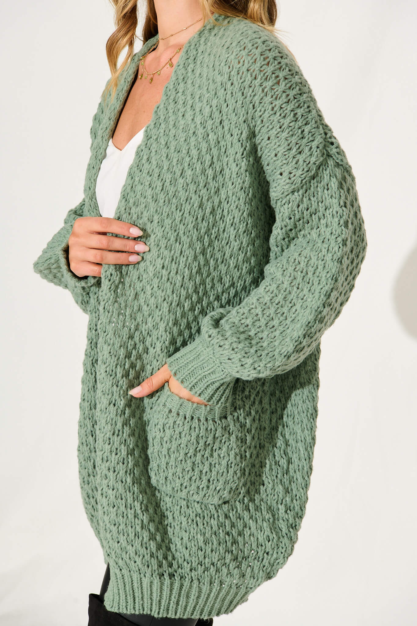 Tranquil Knit Cardigan In Pale Green Wool Blend - Image 5