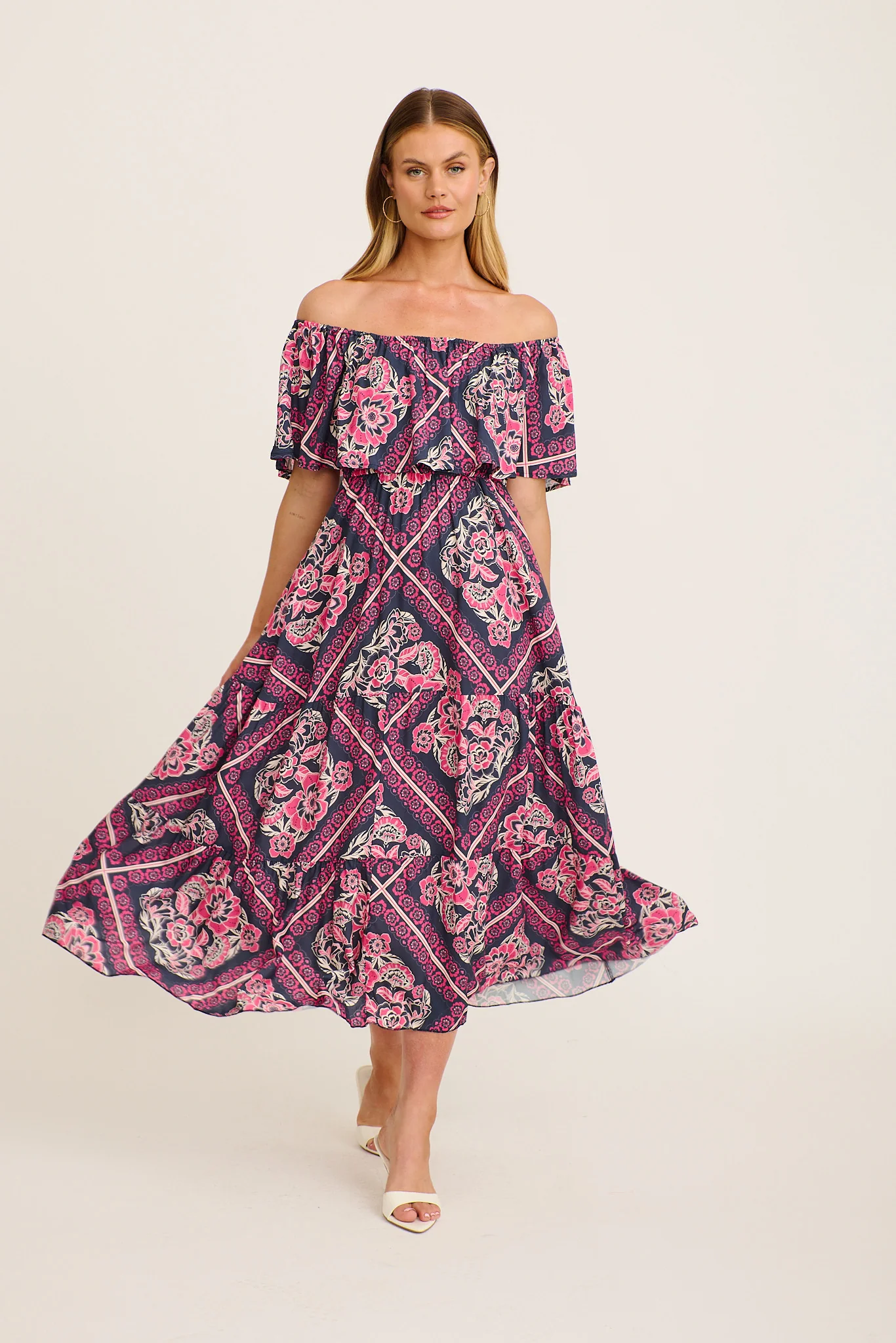 Tranquility Maxi Dress in Navy with Pink Floral Tiles Print - Image 2