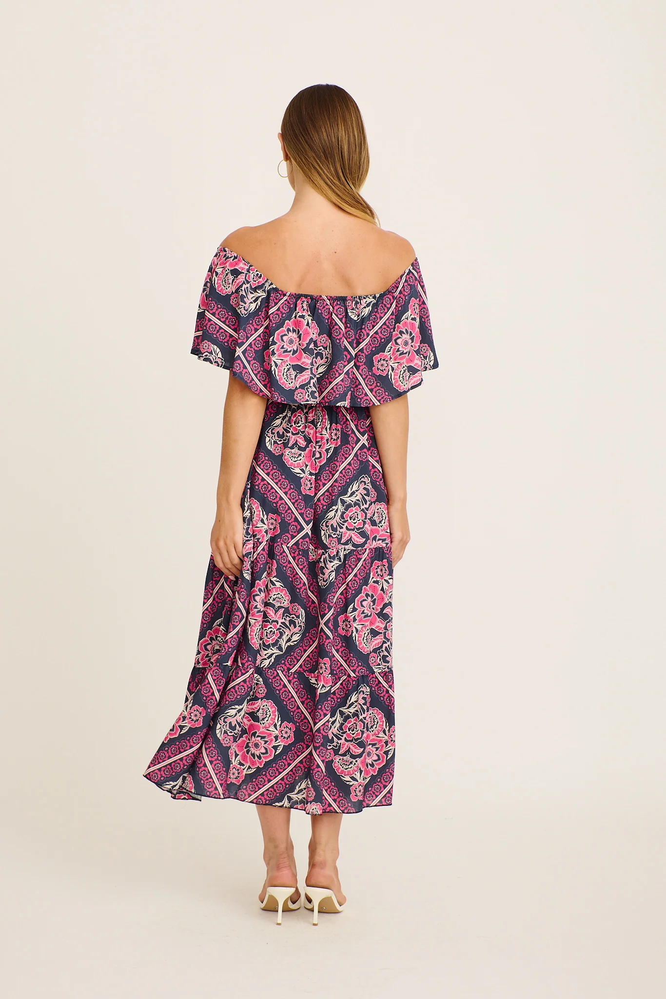 Tranquility Maxi Dress in Navy with Pink Floral Tiles Print - Image 5