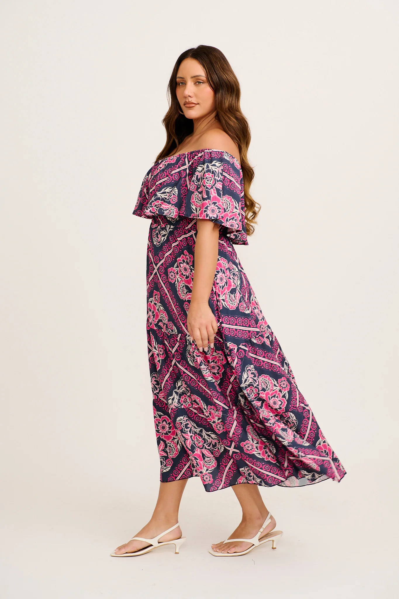 Tranquility Maxi Dress in Navy with Pink Floral Tiles Print - Image 7