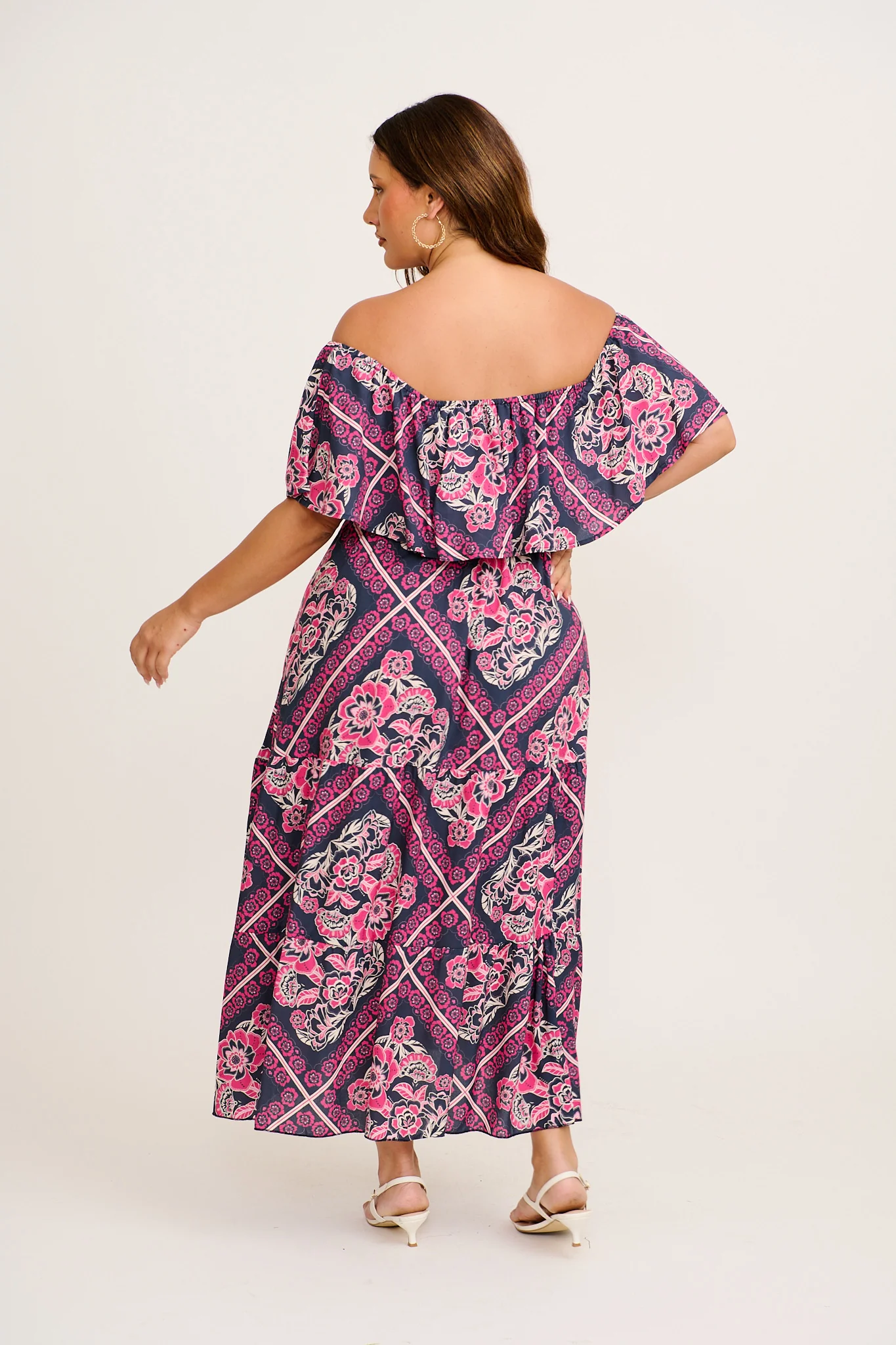 Tranquility Maxi Dress in Navy with Pink Floral Tiles Print - Image 8