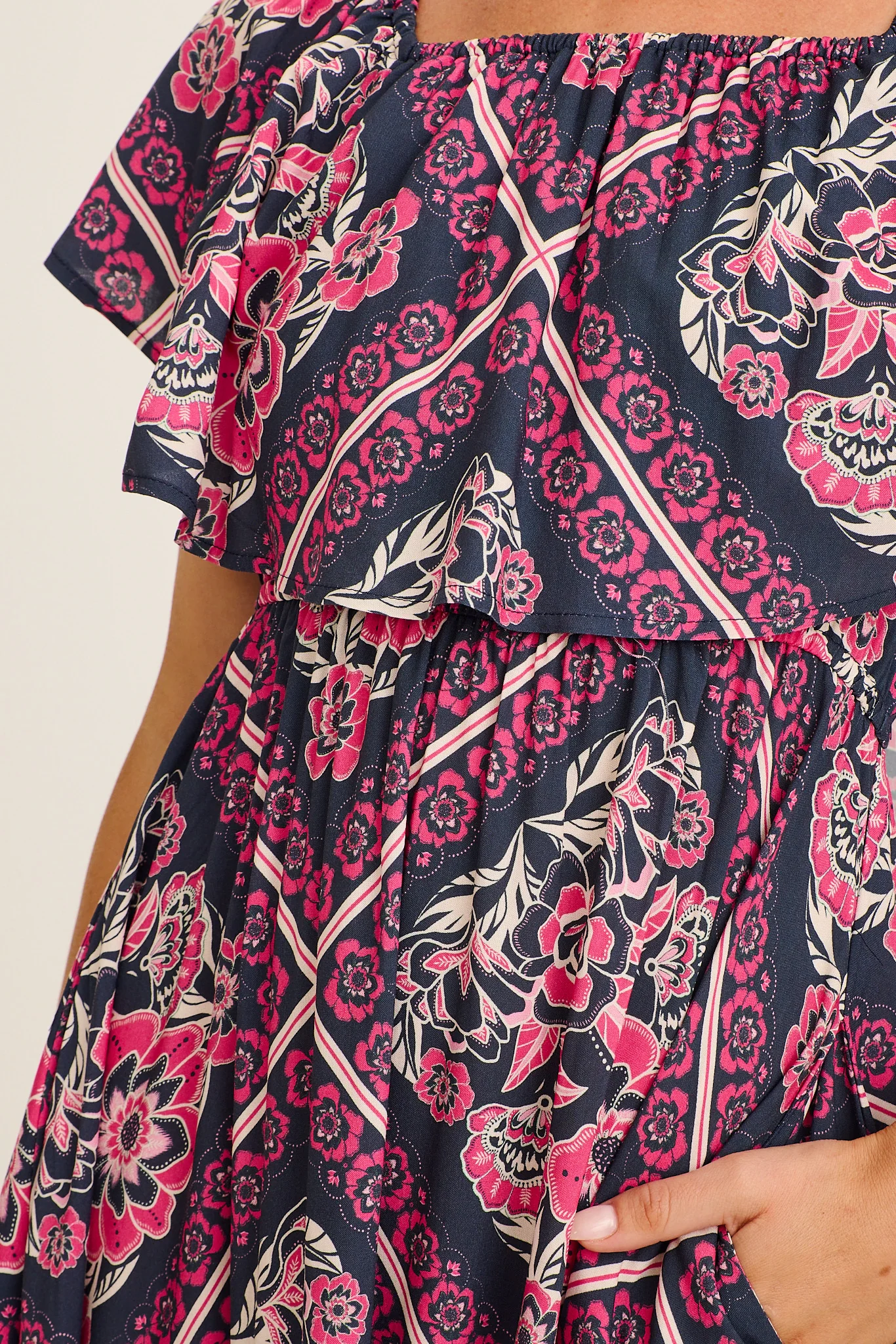 Tranquility Maxi Dress in Navy with Pink Floral Tiles Print - Image 9