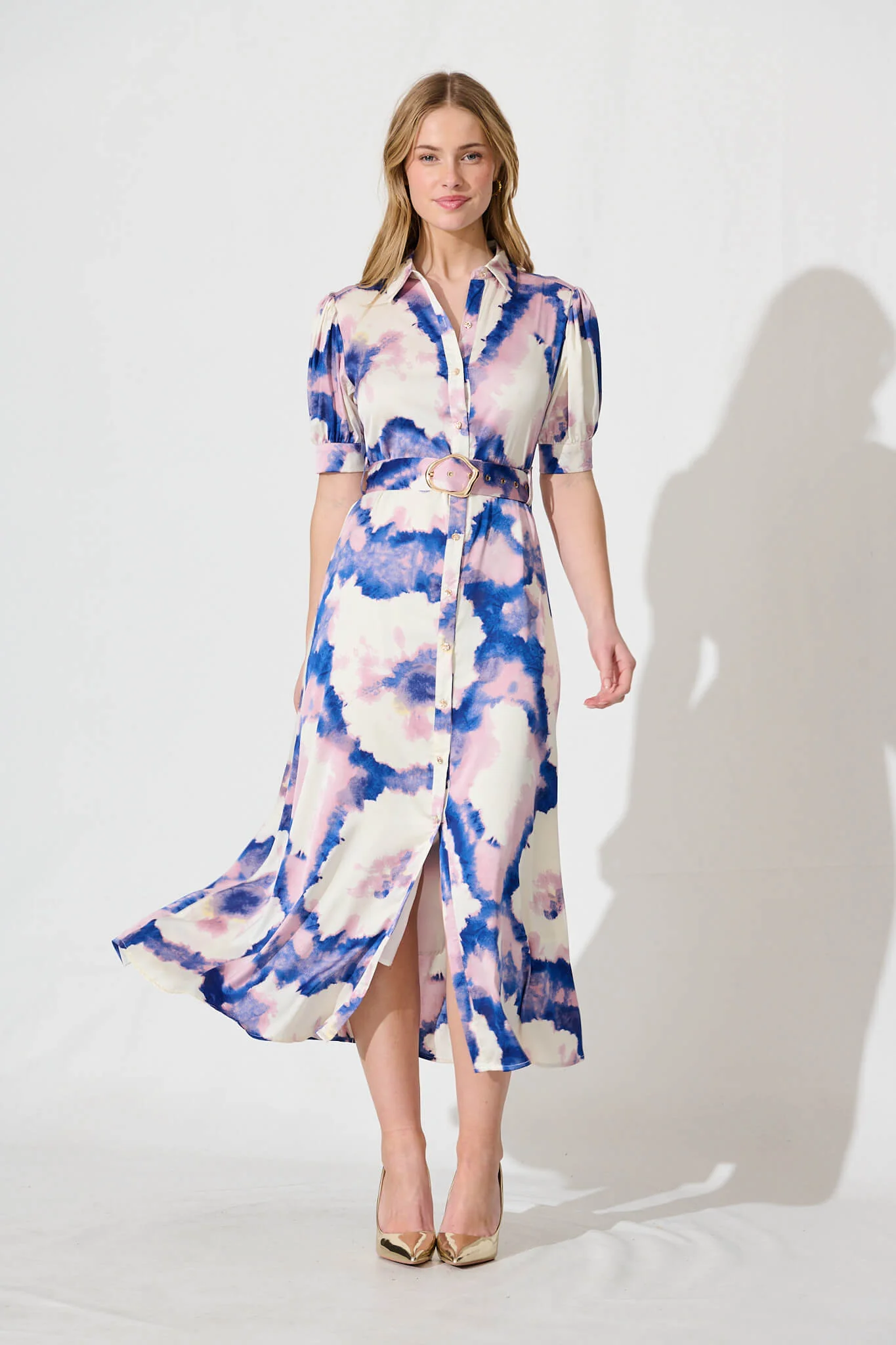 Trinity Maxi Shirt Dress In Blue With Lilac Watercolour