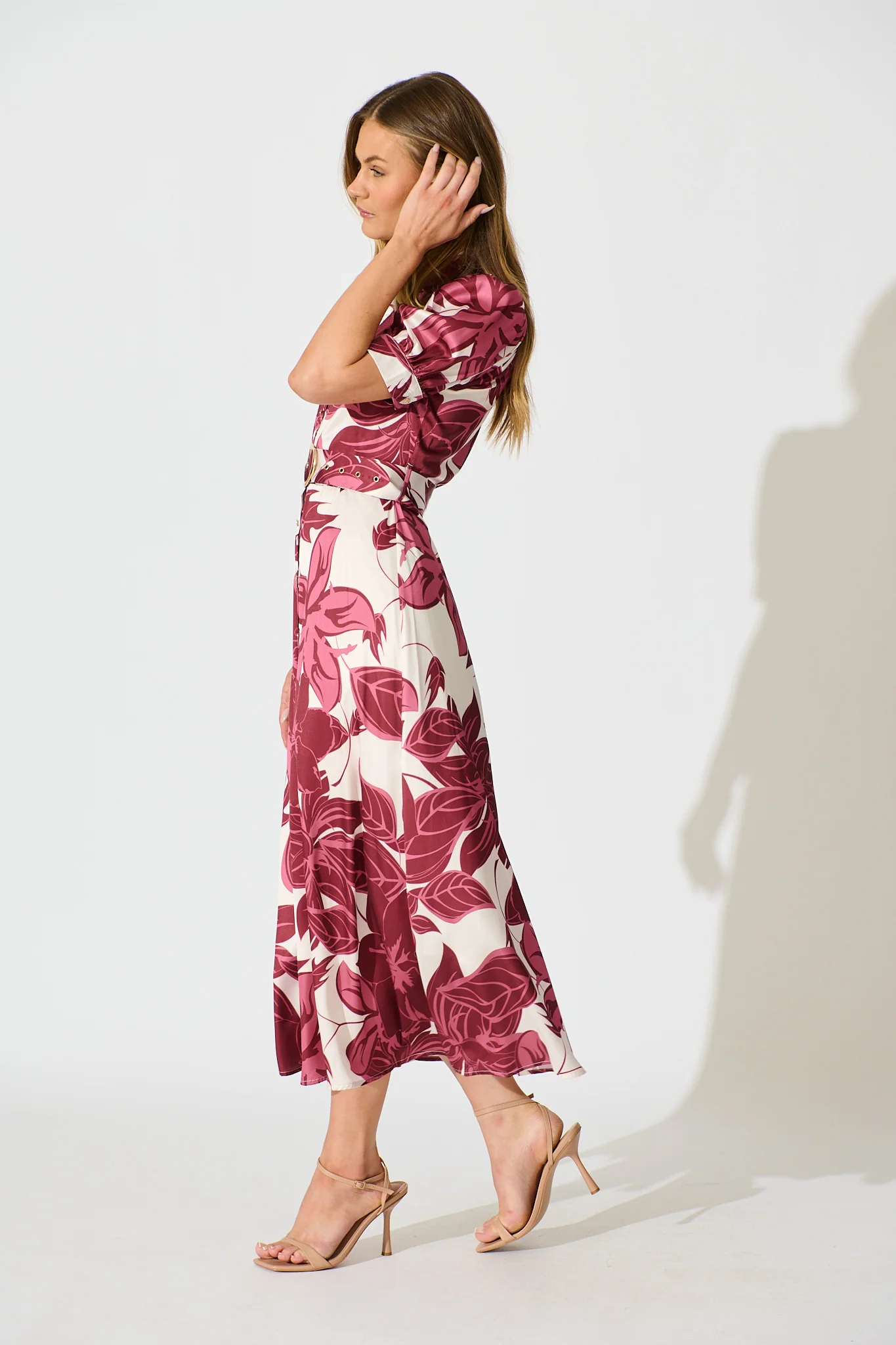 Trinity Maxi Shirt Dress in Red Floral Satin - Image 3