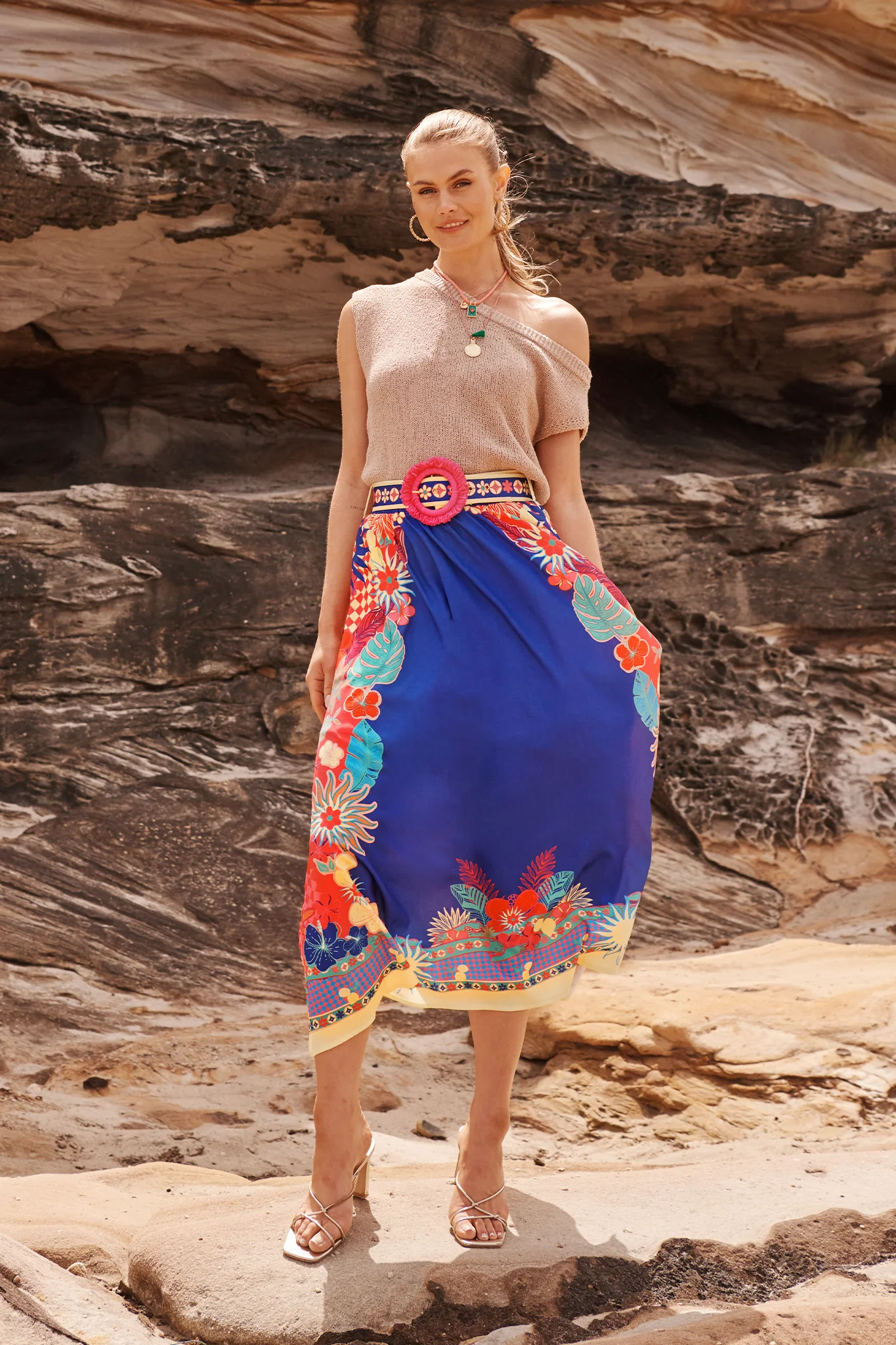 Tropic Drift Maxi Skirt in Blue with Multi Print Linen Blend - Image 4