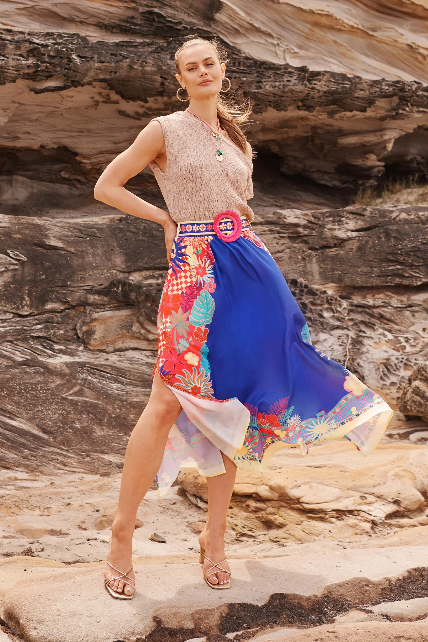 Tropic Drift Maxi Skirt in Blue with Multi Print Linen Blend - Image 5