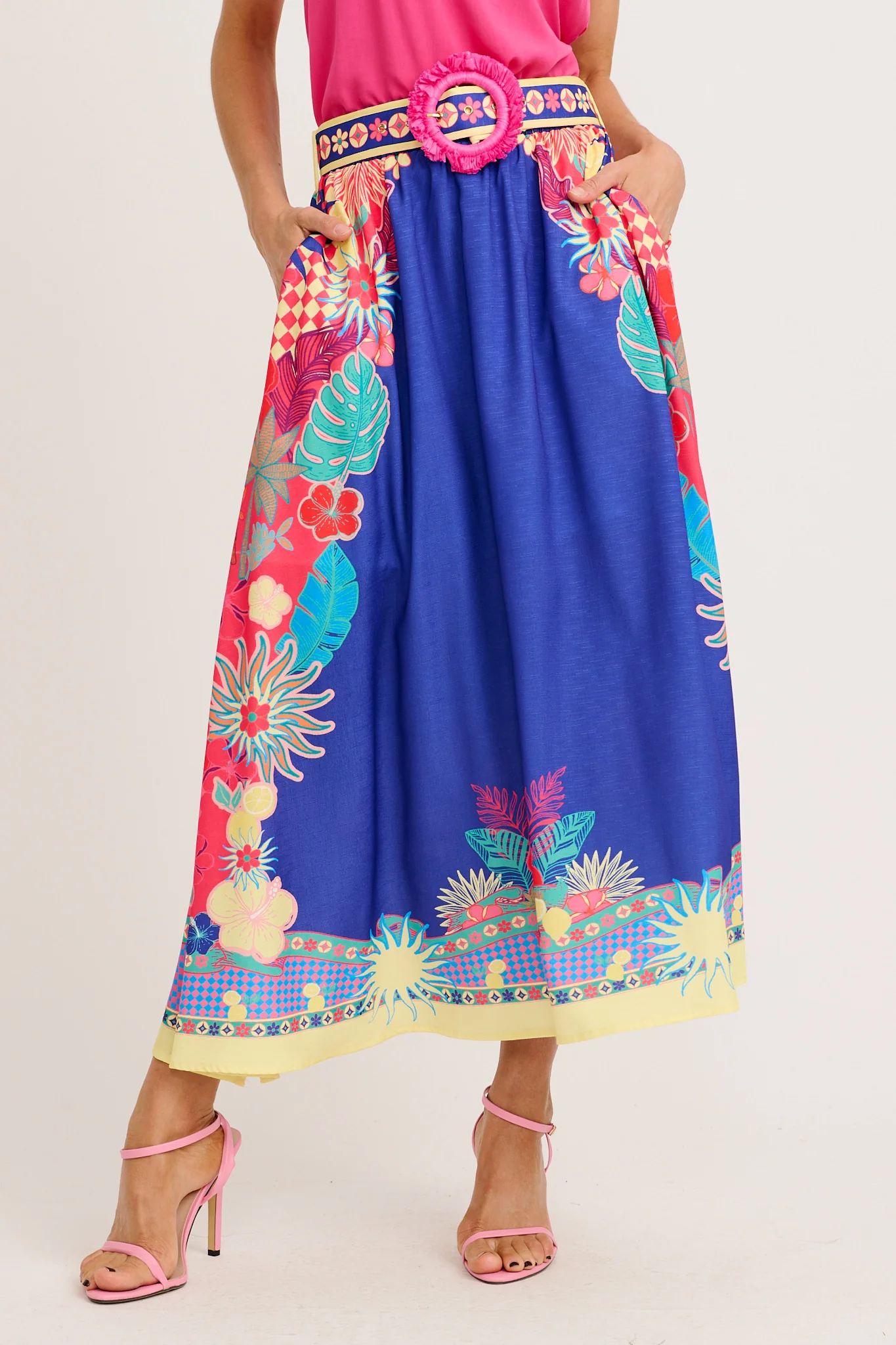Tropic Drift Maxi Skirt in Blue with Multi Print Linen Blend - Image 7