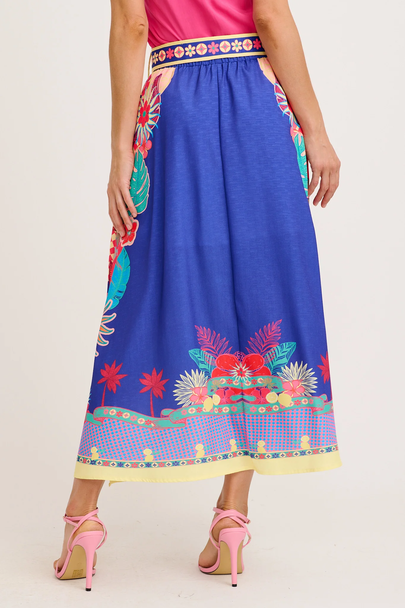 Tropic Drift Maxi Skirt in Blue with Multi Print Linen Blend - Image 8