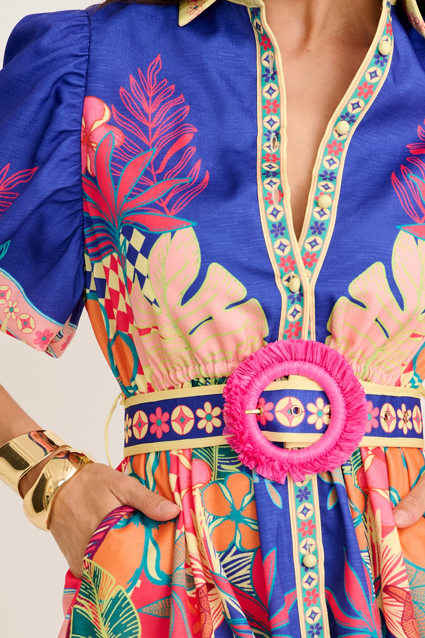 Tropic Haze Shirt Dress in Blue with Multi Print Linen Blend - Image 14