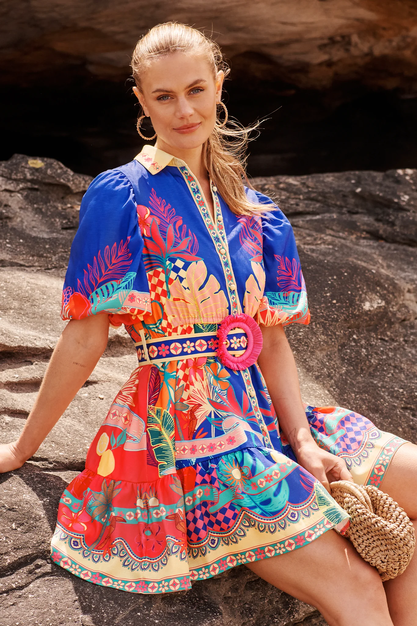 Tropic Haze Shirt Dress in Blue with Multi Print Linen Blend - Image 2