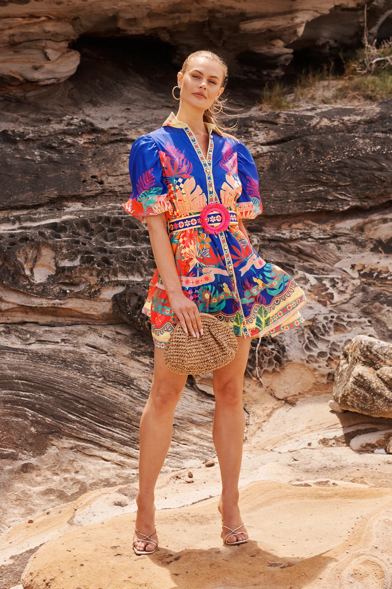 Tropic Haze Shirt Dress in Blue with Multi Print Linen Blend - Image 3