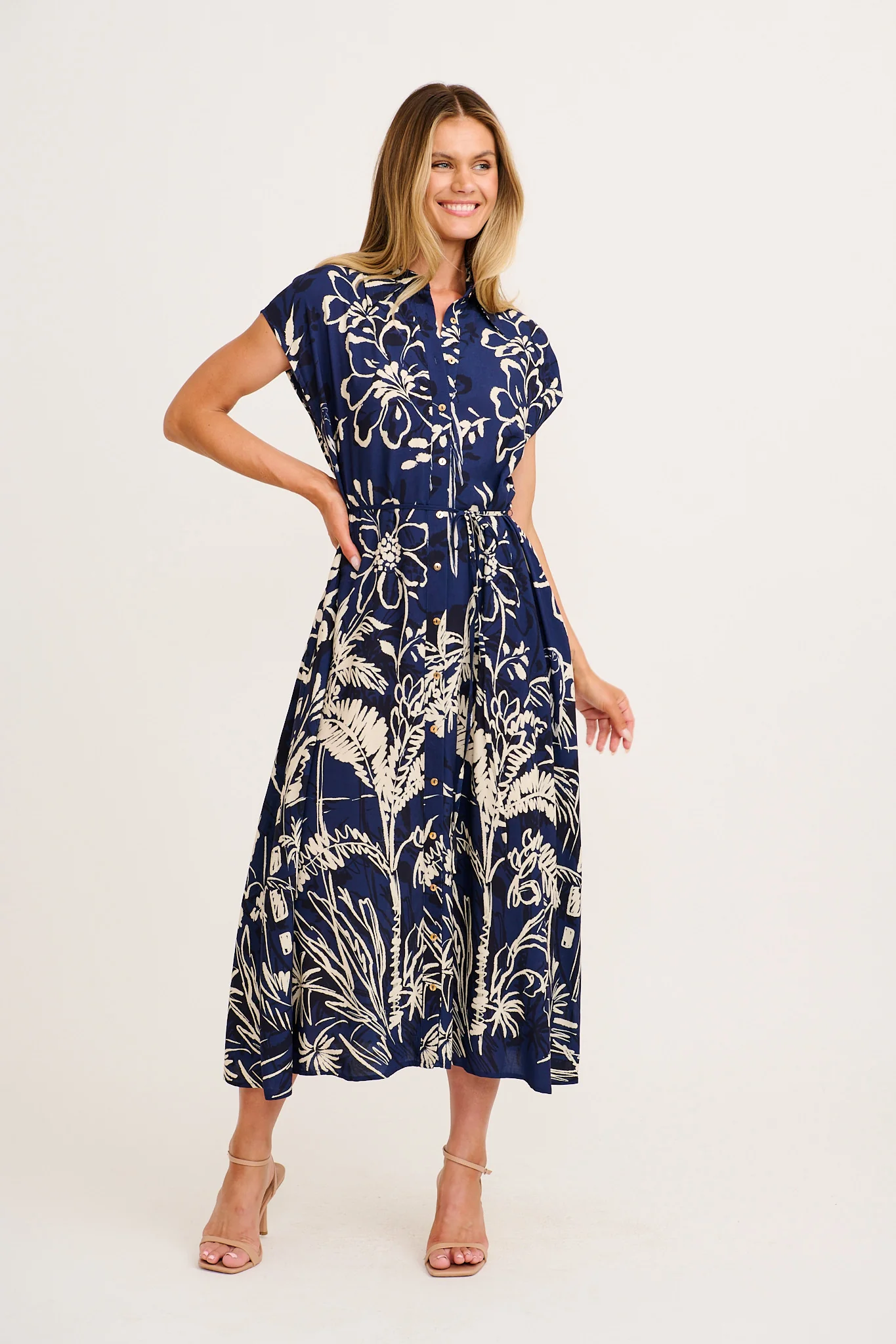 Tropical Escape Maxi Shirt Dress in Navy with Cream Print