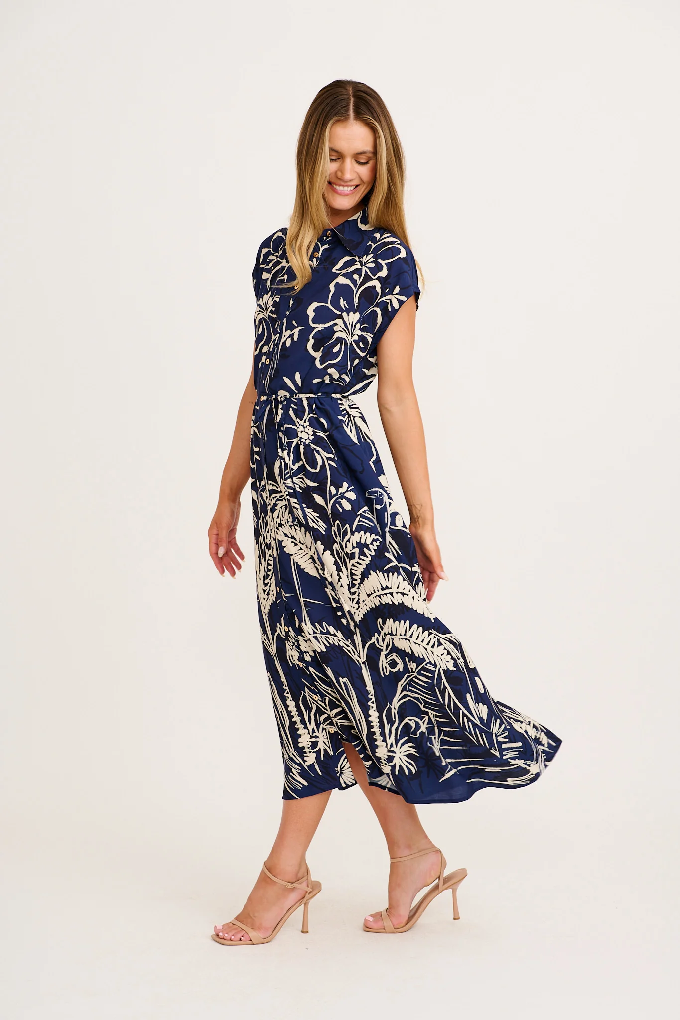 Tropical Escape Maxi Shirt Dress in Navy with Cream Print - Image 3
