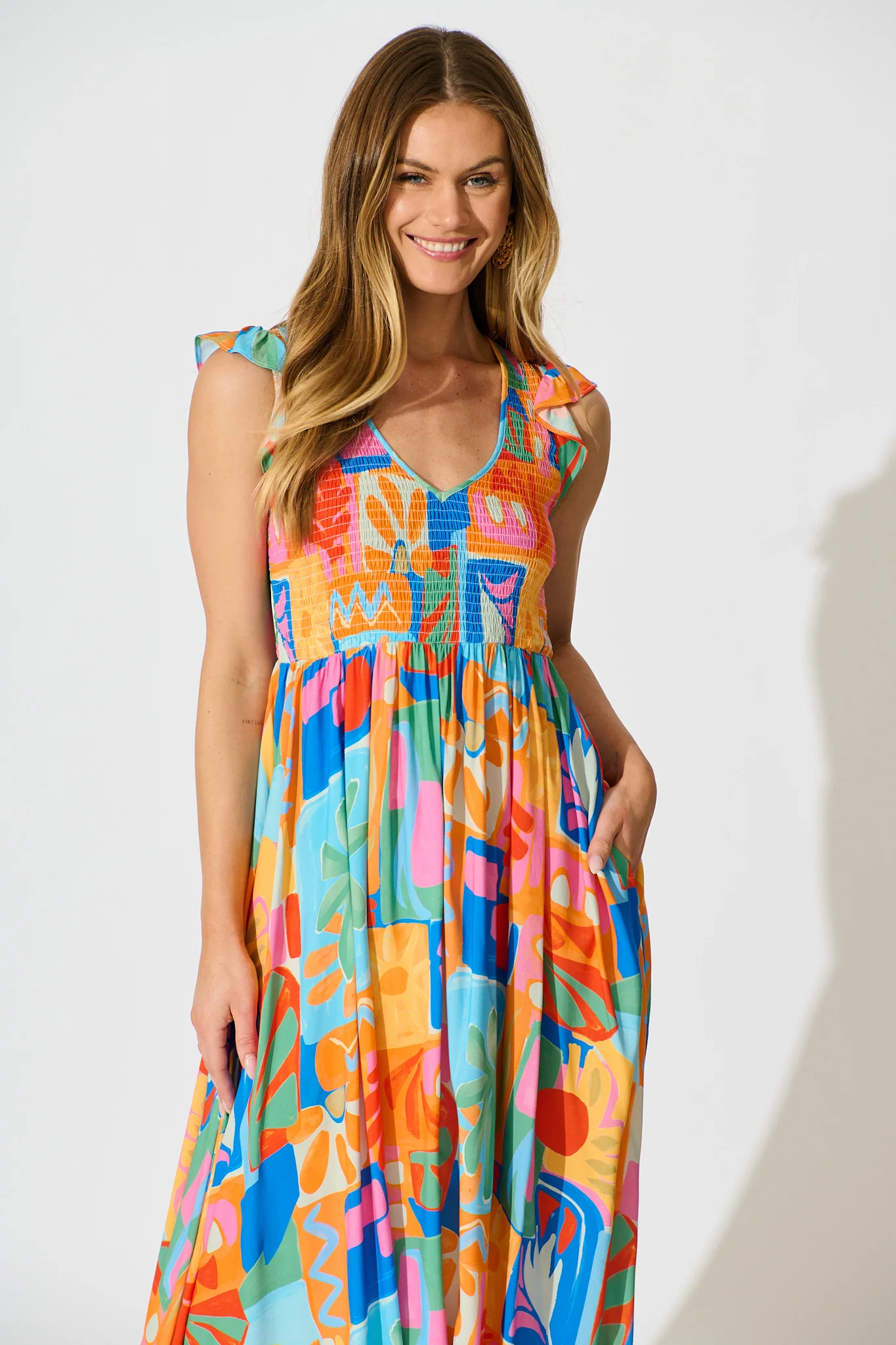Tropical Mosaic Maxi Dress in Bright Multi Patchwork Print - Image 2