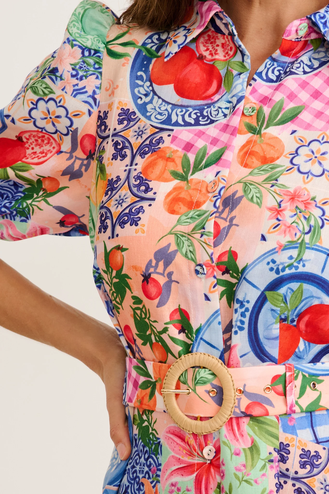 Tropical Twist Shirt Dress in Multi Fruit Patchwork Linen Blend - Image 10