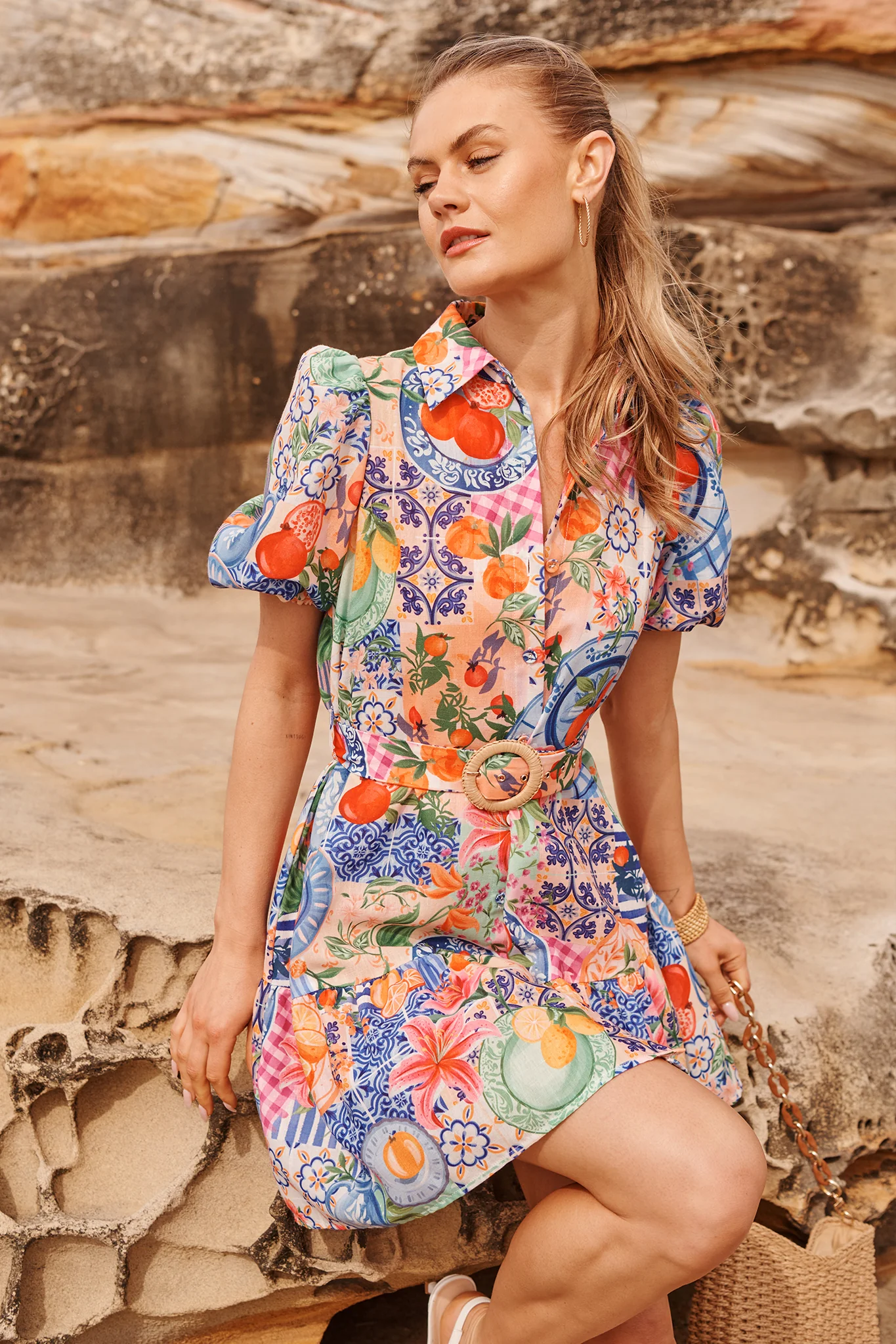 Tropical Twist Shirt Dress in Multi Fruit Patchwork Linen Blend - Image 5