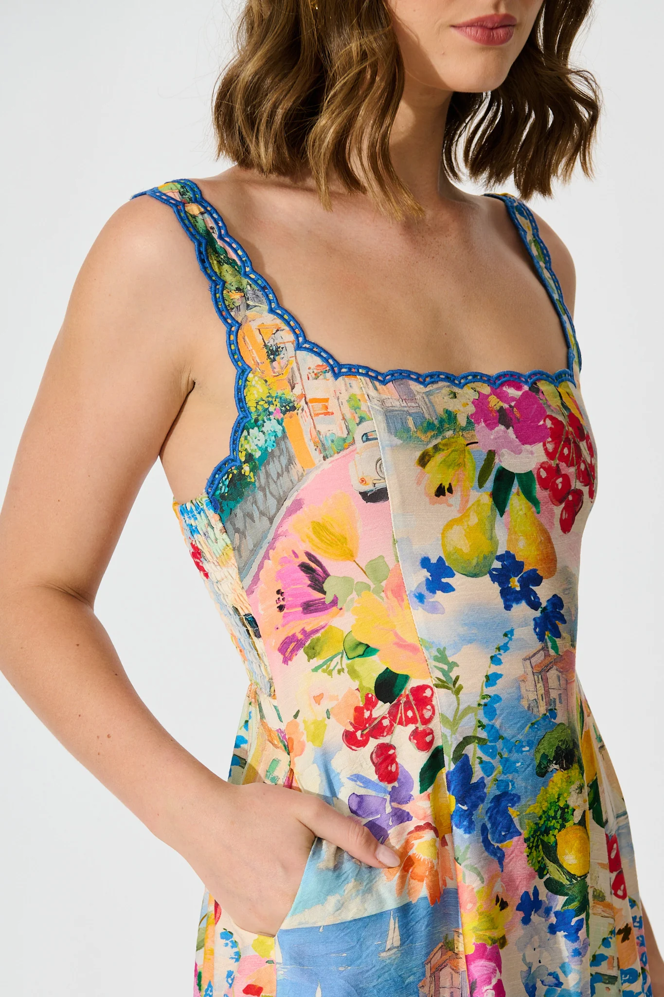 Tuscan Muse Midi Sundress in Multi Floral with Navy Trim - Image 10