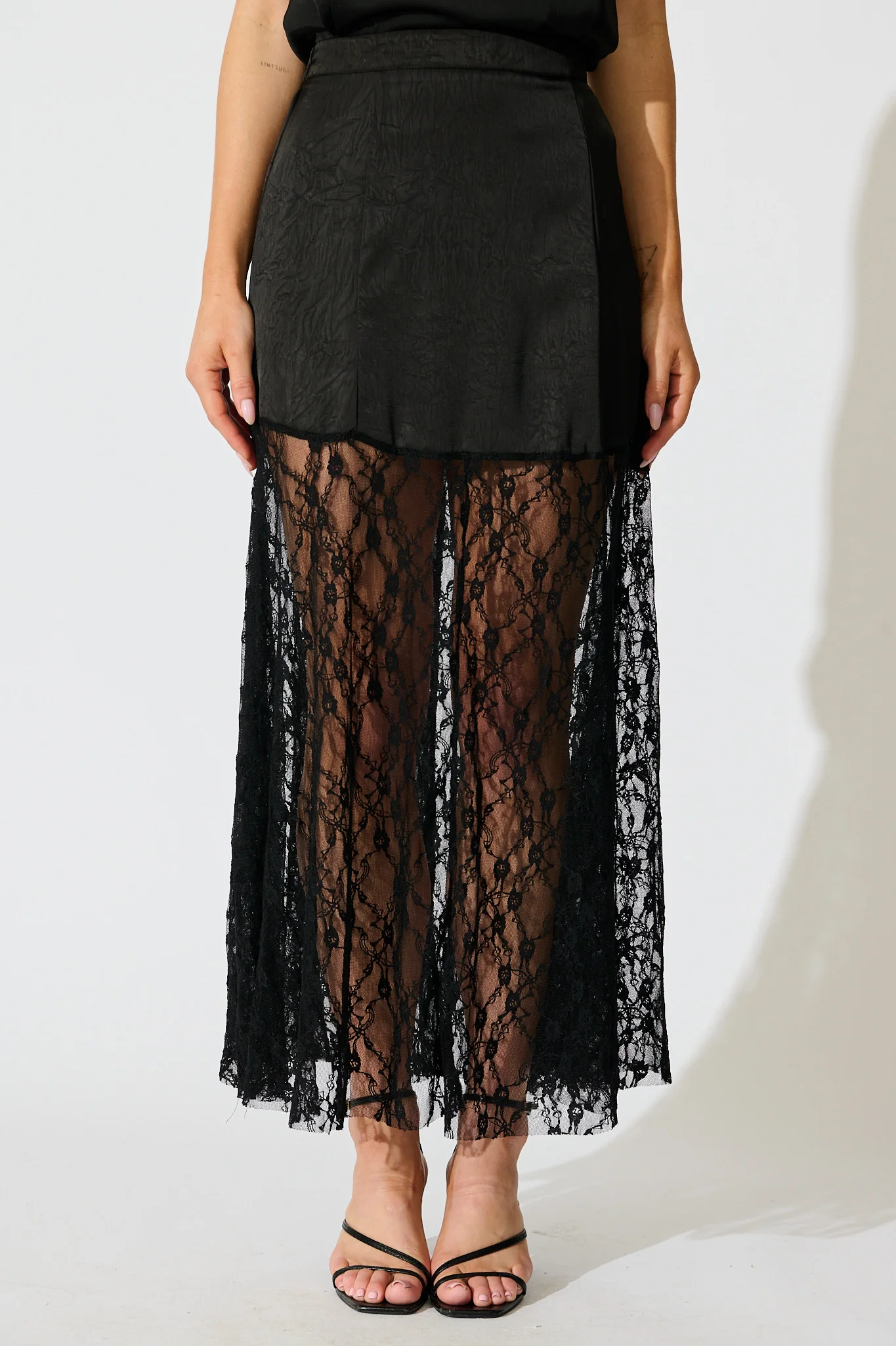 Twilight Grace Maxi Skirt in Black Satin
