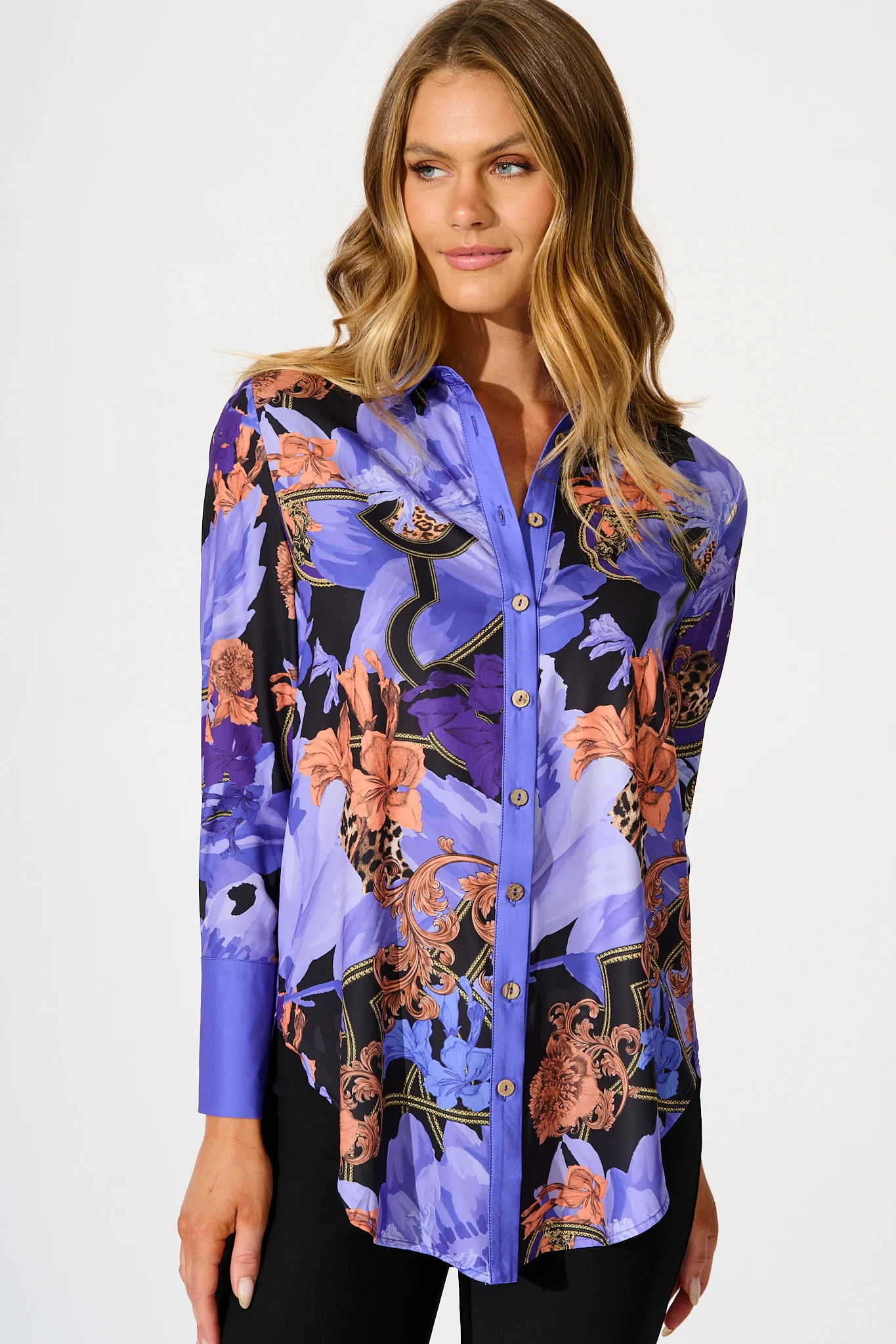 Twilight Peony Shirt in Blue with Multi Satin