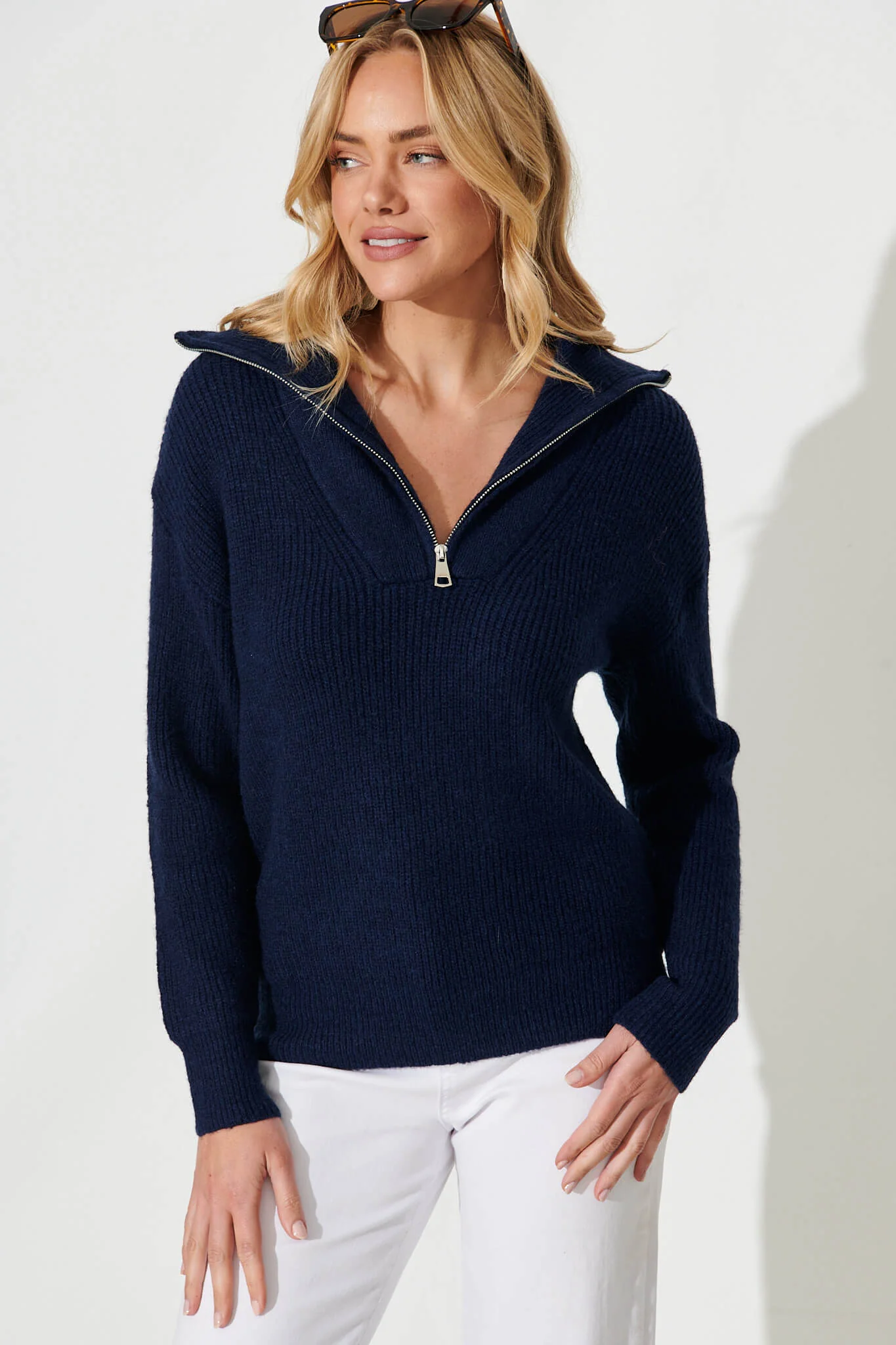 Uma Zip Athleisure Knit In Navy Wool Blend - Image 2
