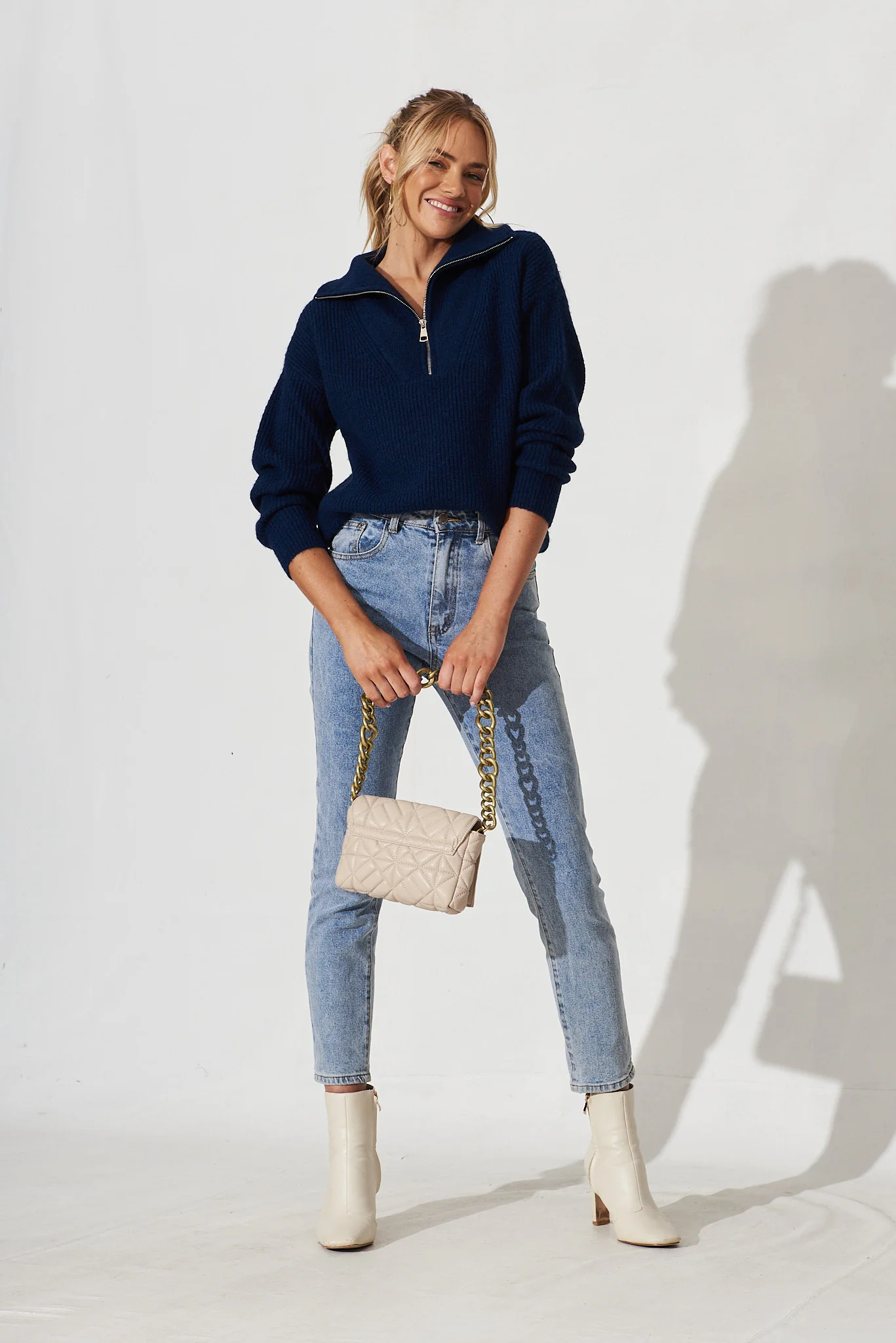 Uma Zip Athleisure Knit In Navy Wool Blend - Image 3