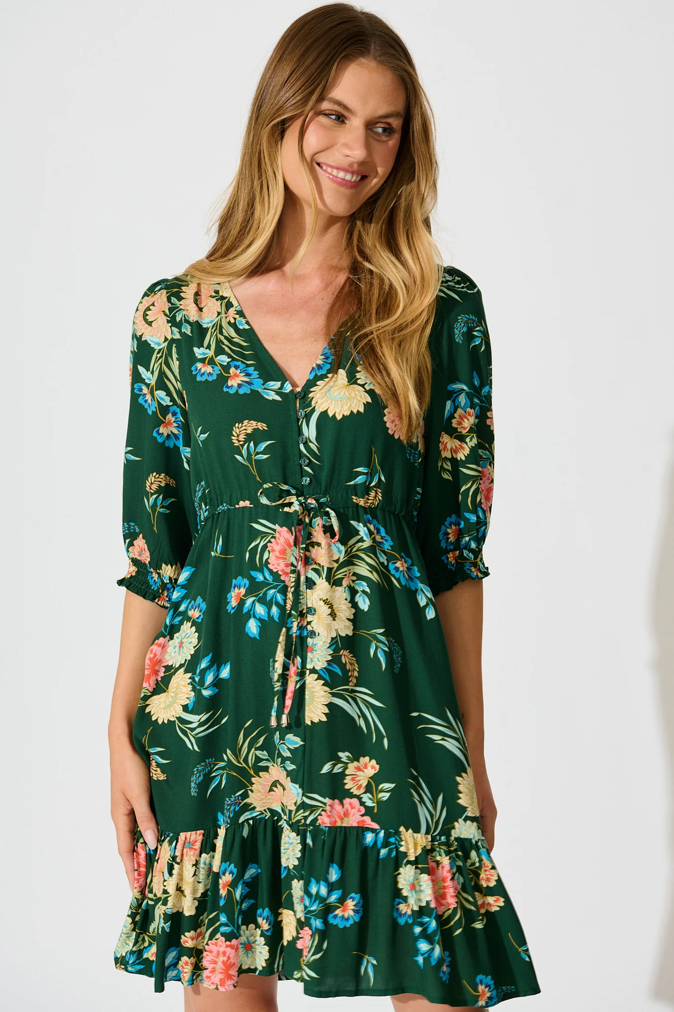 Undine Dress in Emerald with Multi Floral - Image 2