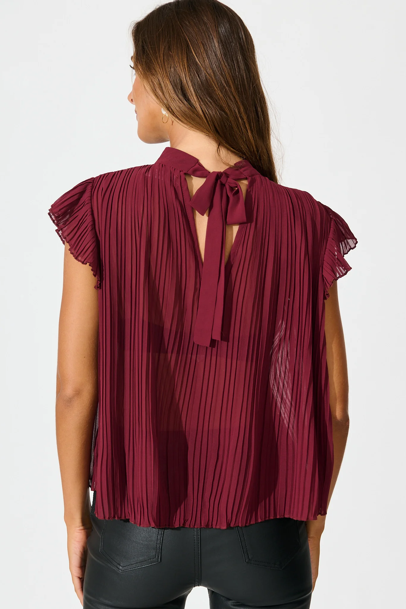 Vada Top in Wine Pleated Chiffon - Image 3
