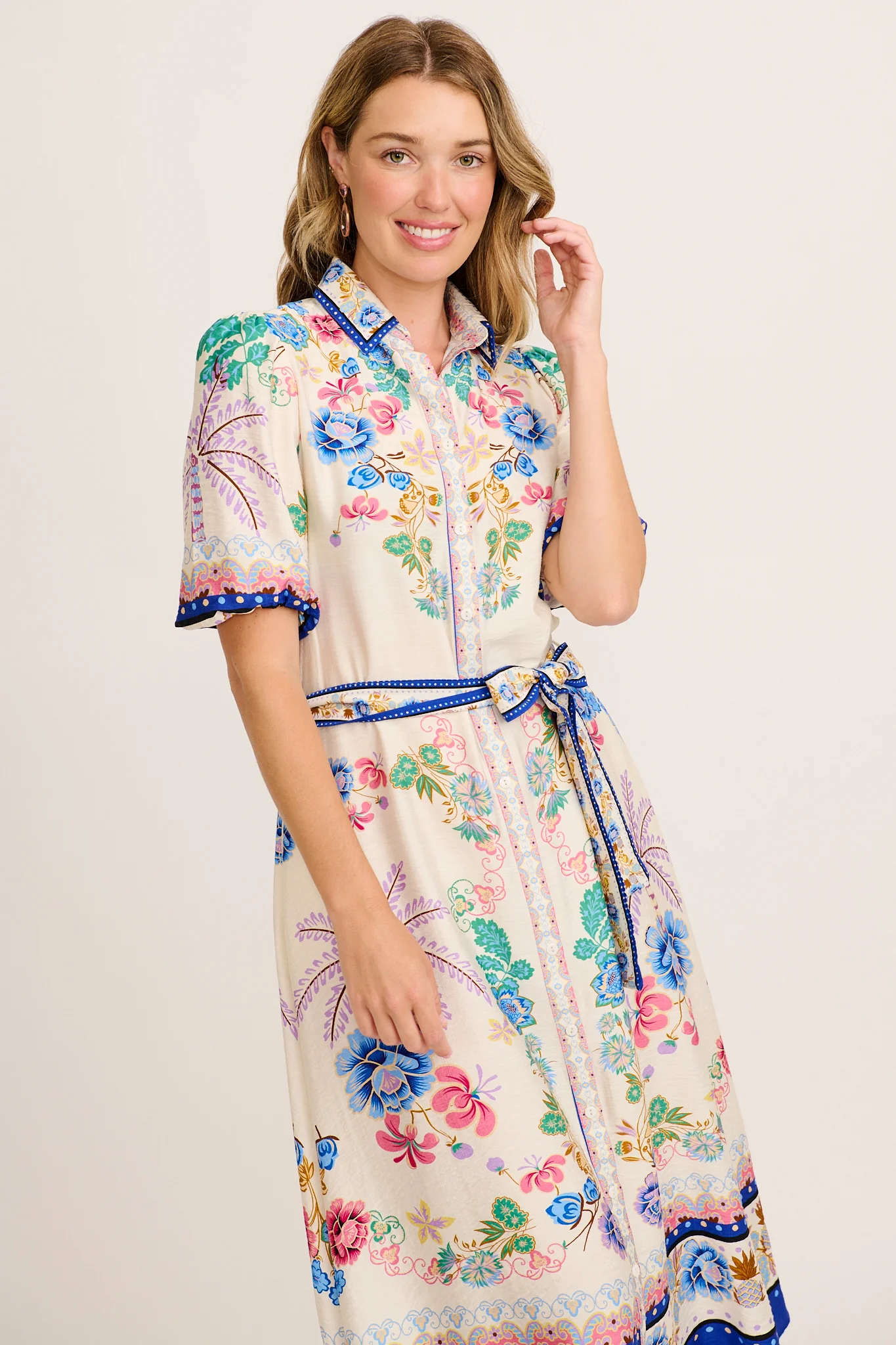 Vandal Maxi Shirt Dress in Cream and Multi Floral Linen Blend - Image 2