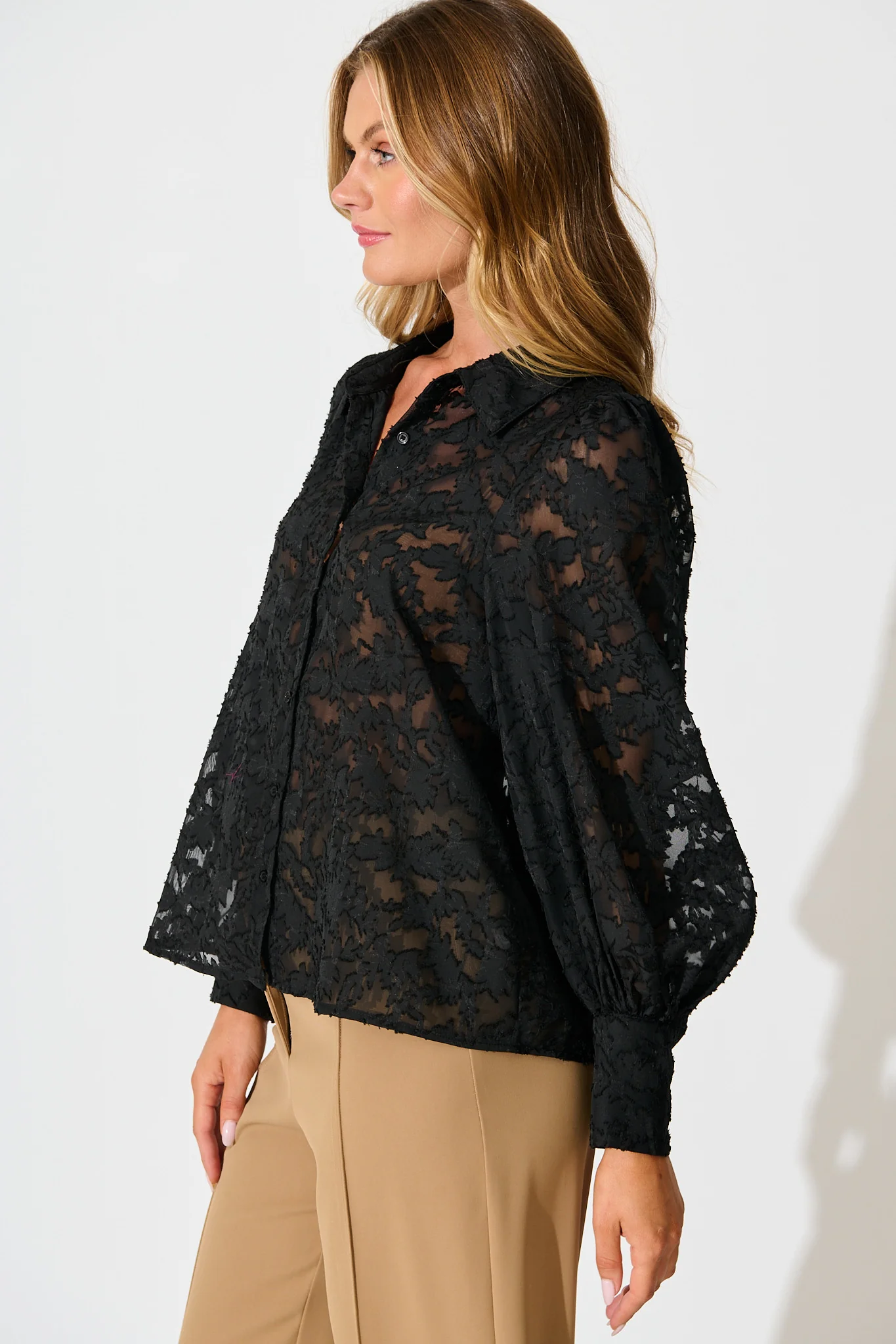 Vanessa Shirt In Black Leaf Burnout Chiffon - Image 5