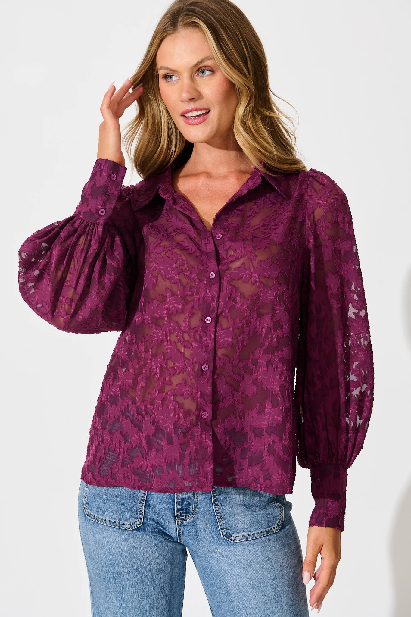 Vanessa Shirt in Plum Leaf Burnout Chiffon - Image 2