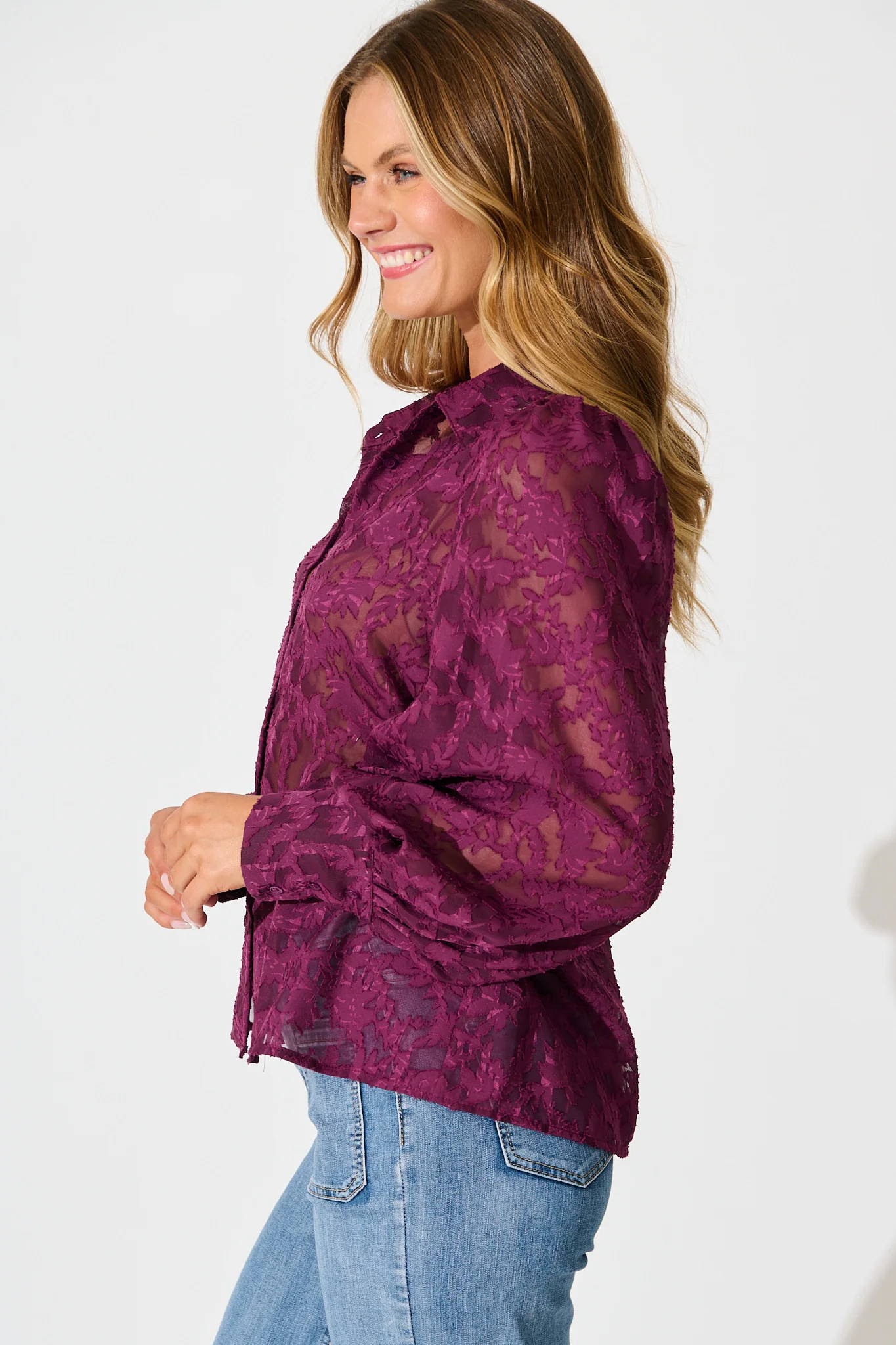 Vanessa Shirt in Plum Leaf Burnout Chiffon - Image 5