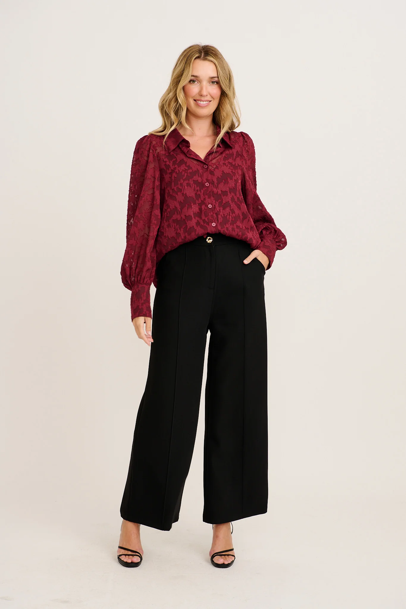Vanessa Shirt in Wine Leaf Burnout Chiffon - Image 4