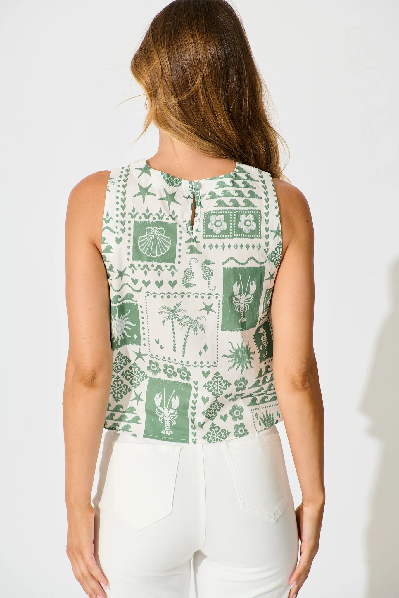 Vanya Top in Cream and Green Palm Print Cotton - Image 3