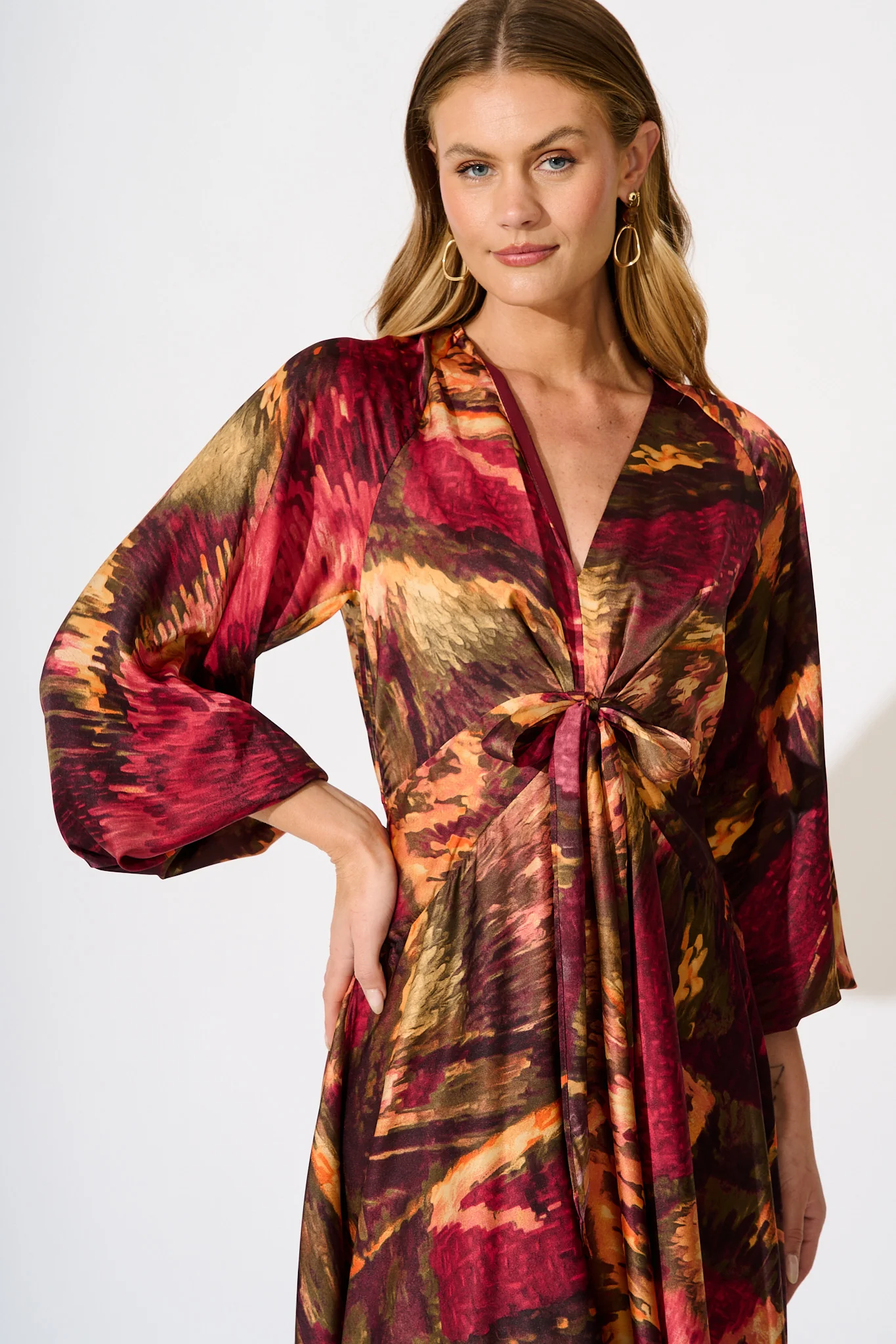 Veiled Illusion Maxi Dress in Multi Watercolour Satin - Image 2