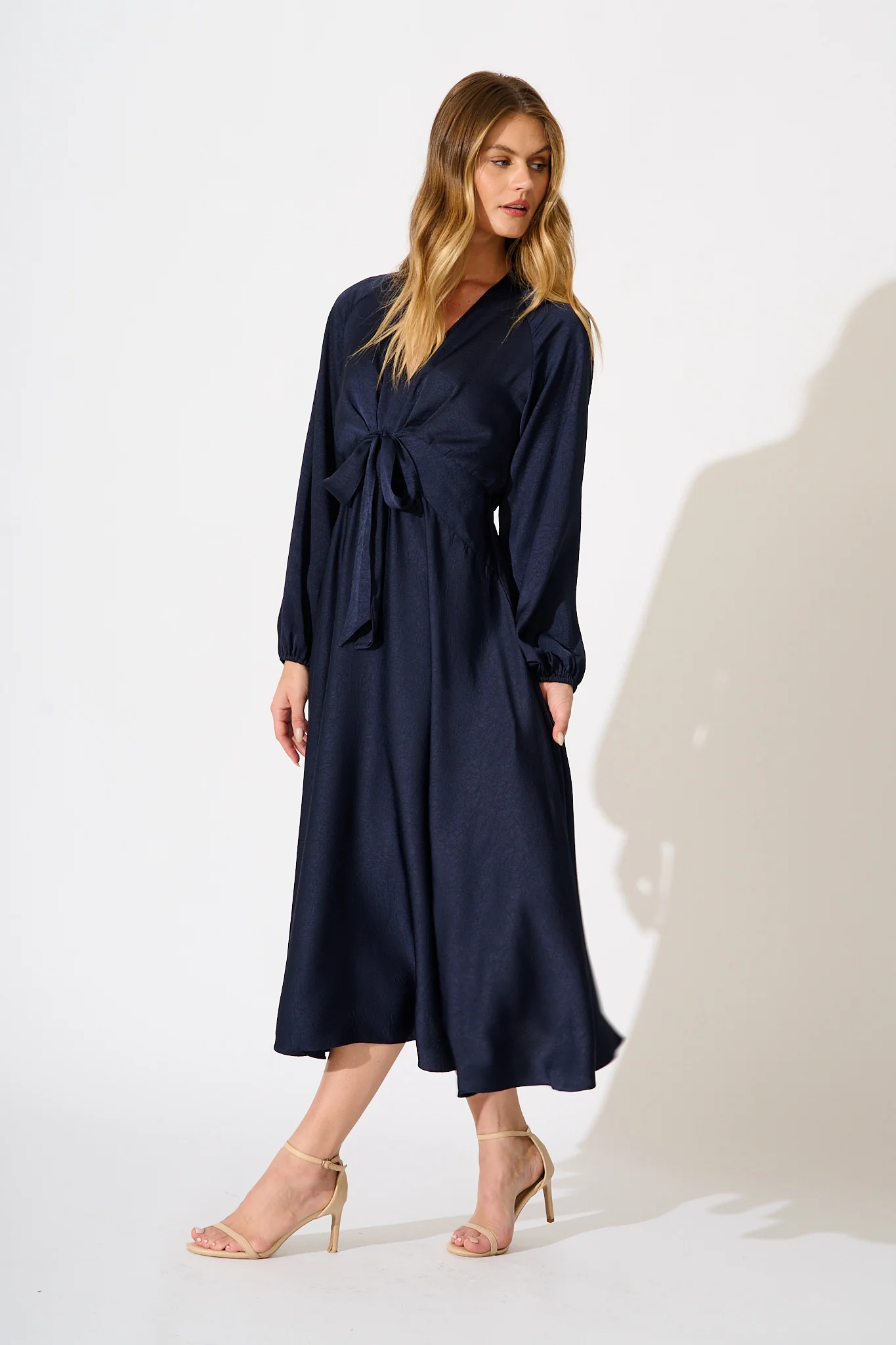 Veiled Illusion Maxi Dress in Navy Satin - Image 3