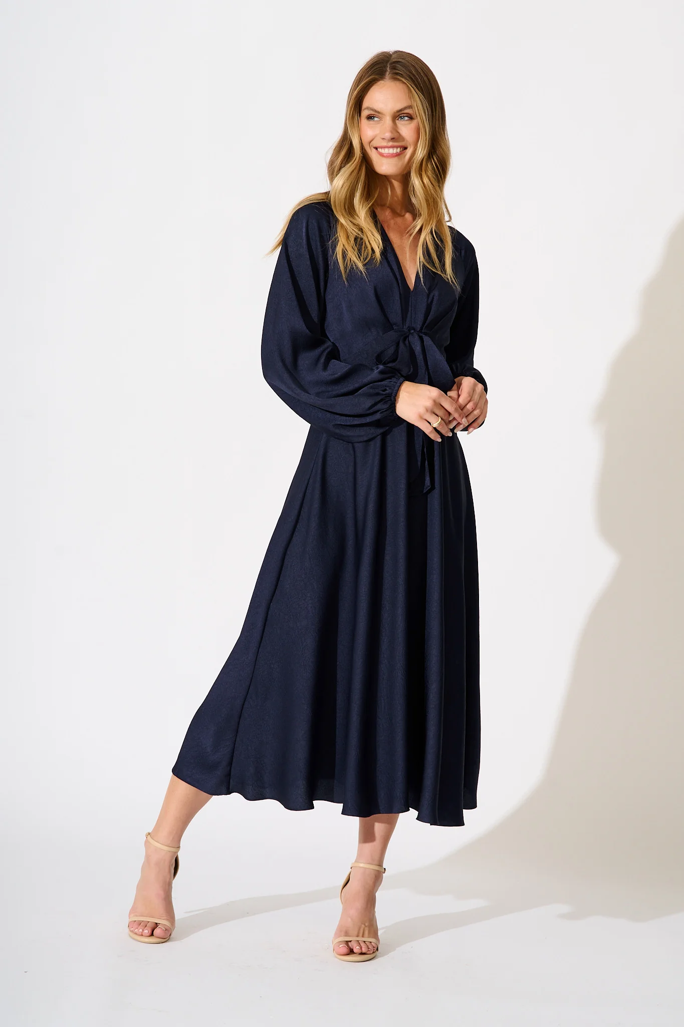 Veiled Illusion Maxi Dress in Navy Satin - Image 5