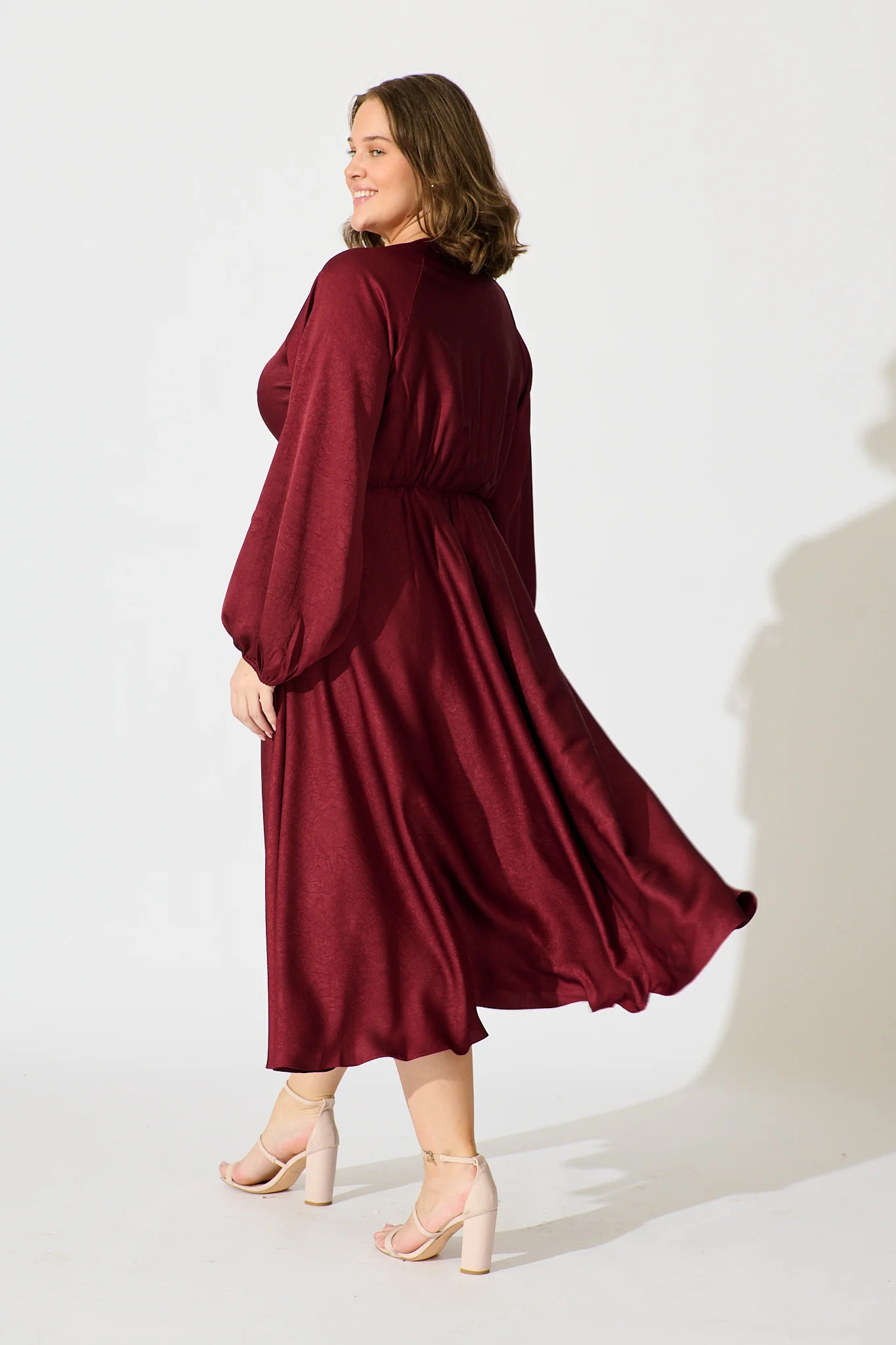 Veiled Illusion Maxi Dress in Wine Satin - Image 12