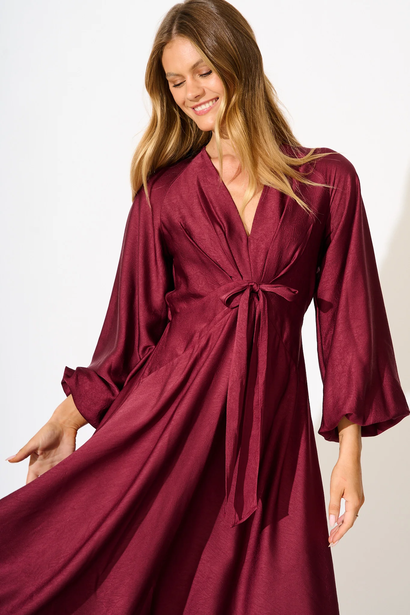 Veiled Illusion Maxi Dress in Wine Satin - Image 6