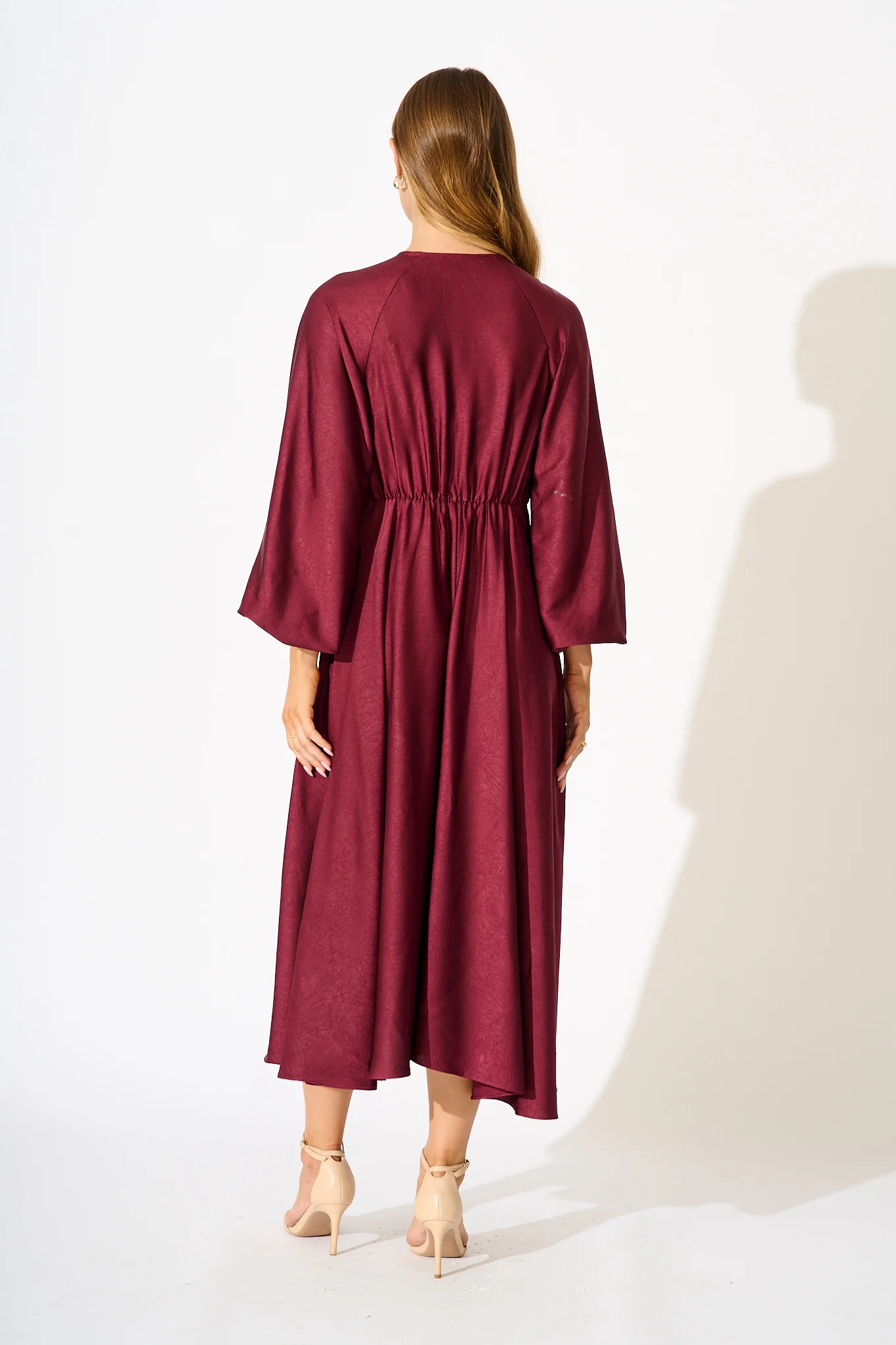 Veiled Illusion Maxi Dress in Wine Satin - Image 9