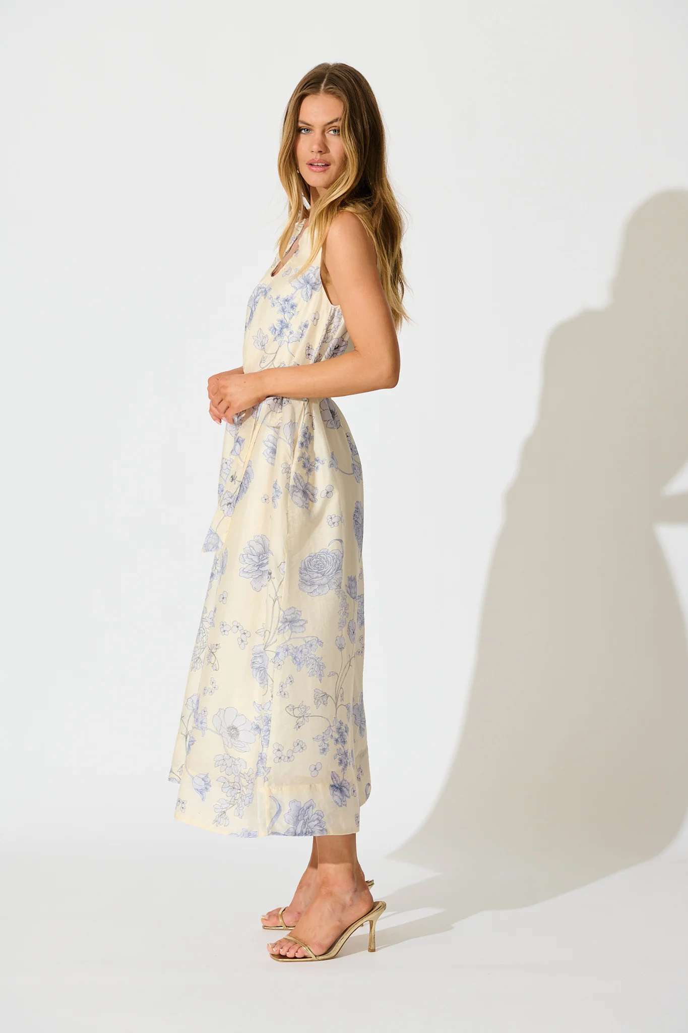 Velaris Midi Dress in Cream with Blue Floral - Image 3