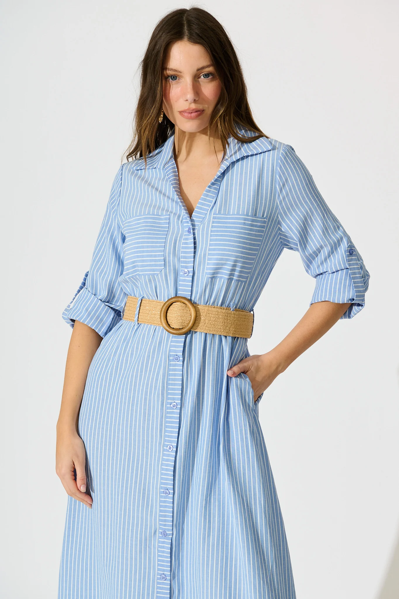 Veyda Midi Shirt Dress in Blue with White Stripe Cotton - Image 2