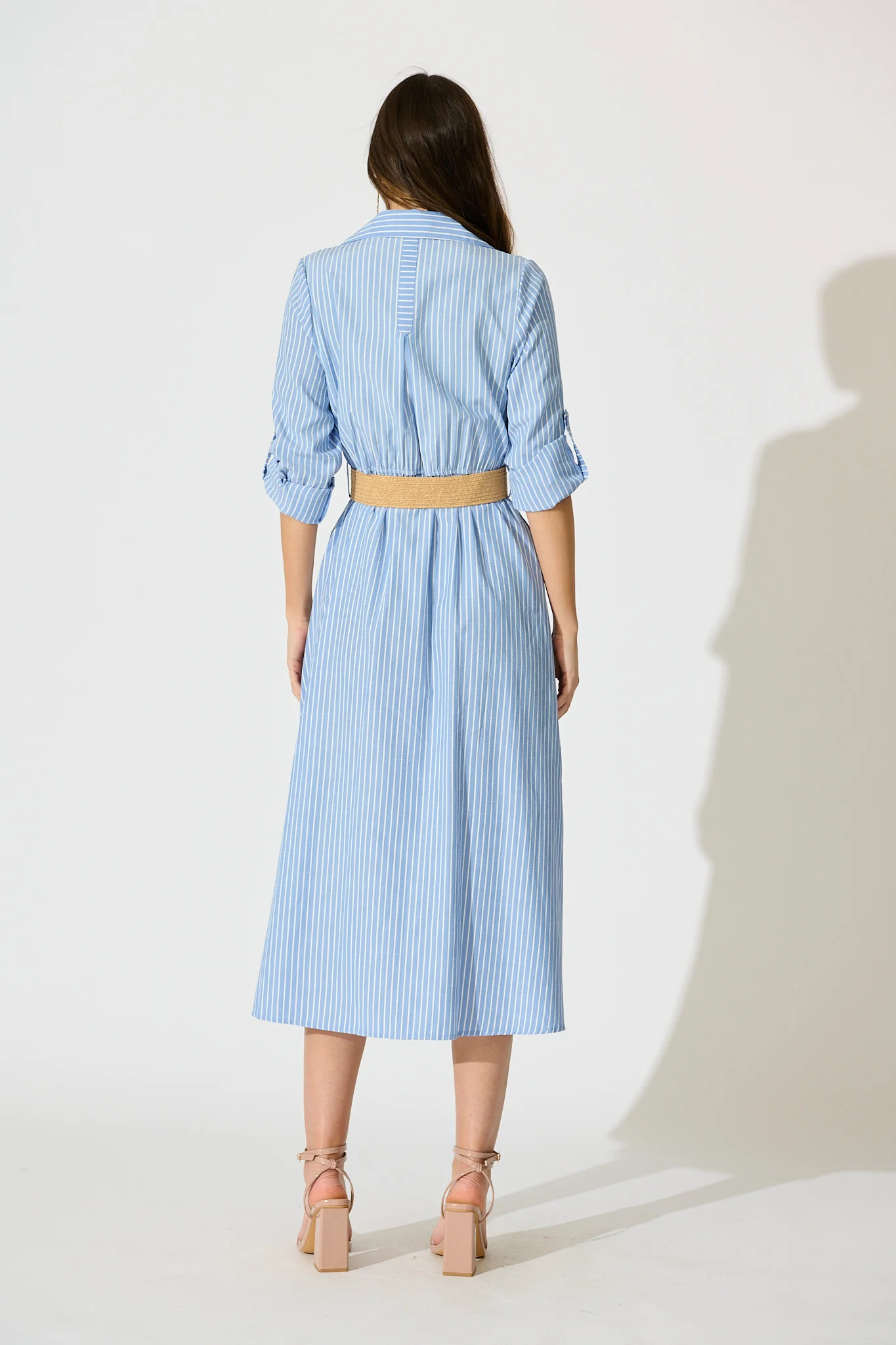 Veyda Midi Shirt Dress in Blue with White Stripe Cotton - Image 4