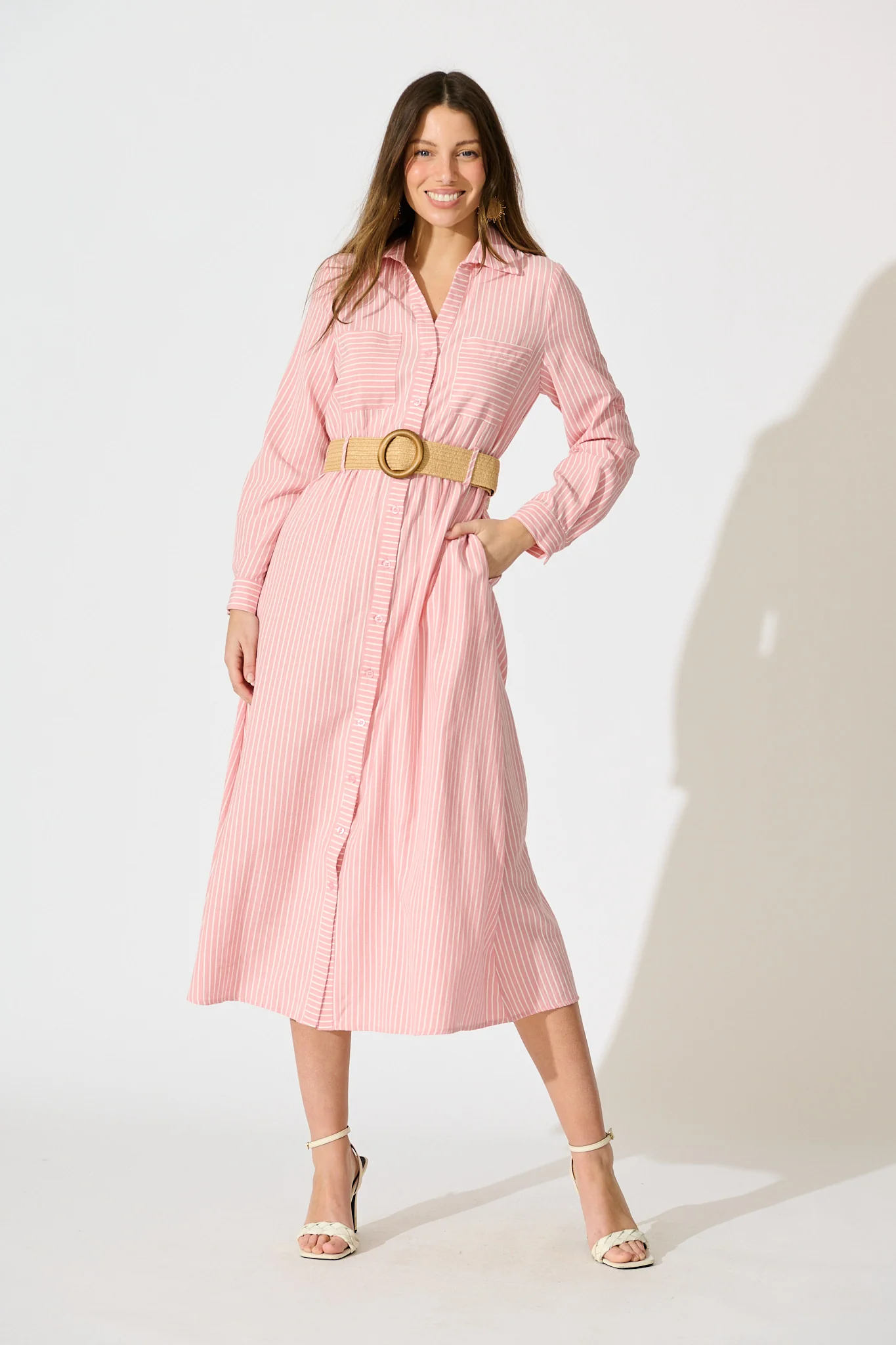 Veyda Midi Shirt Dress in Pink with White Stripe Cotton