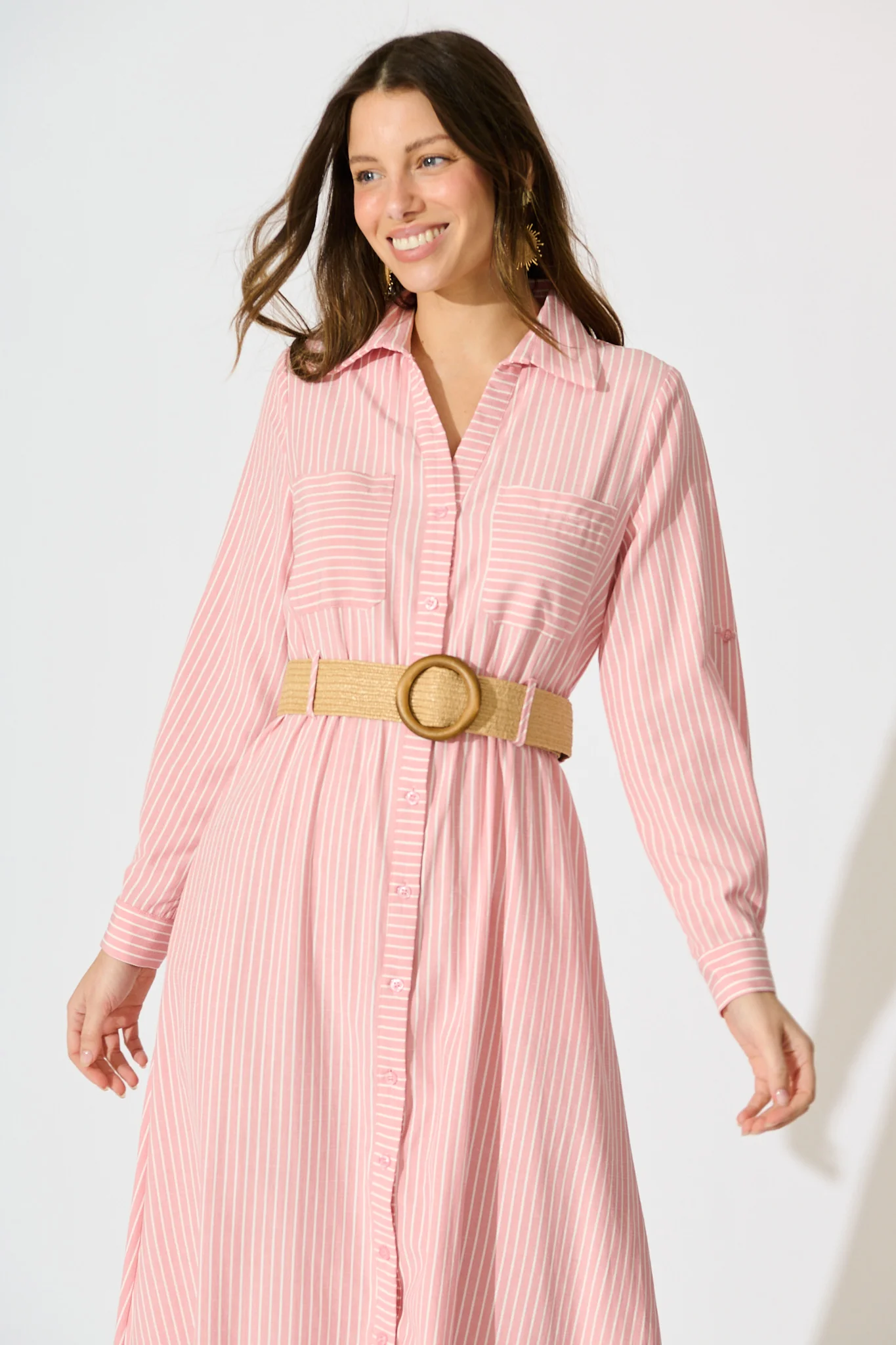 Veyda Midi Shirt Dress in Pink with White Stripe Cotton - Image 2