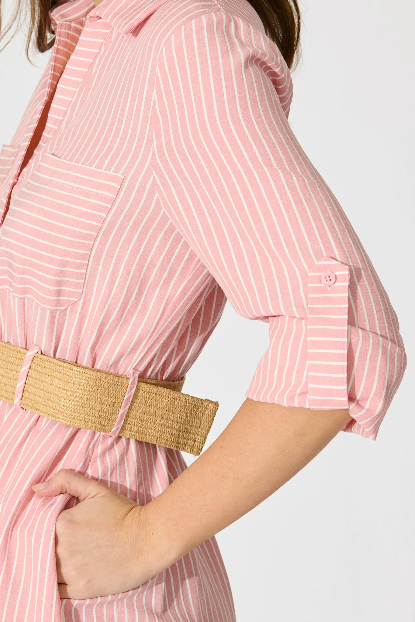 Veyda Midi Shirt Dress in Pink with White Stripe Cotton - Image 5