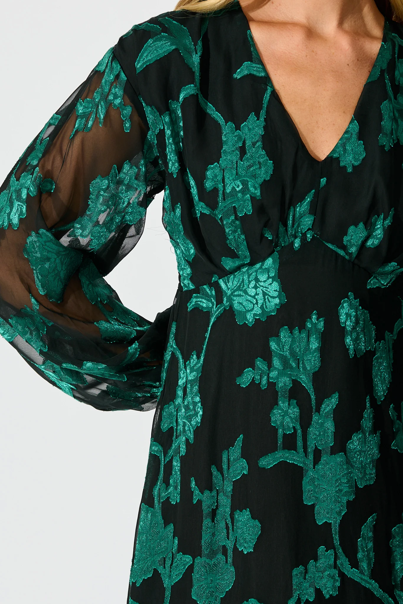 Viola Midi Dress in Black with Emerald Floral Burnout Chiffon - Image 5