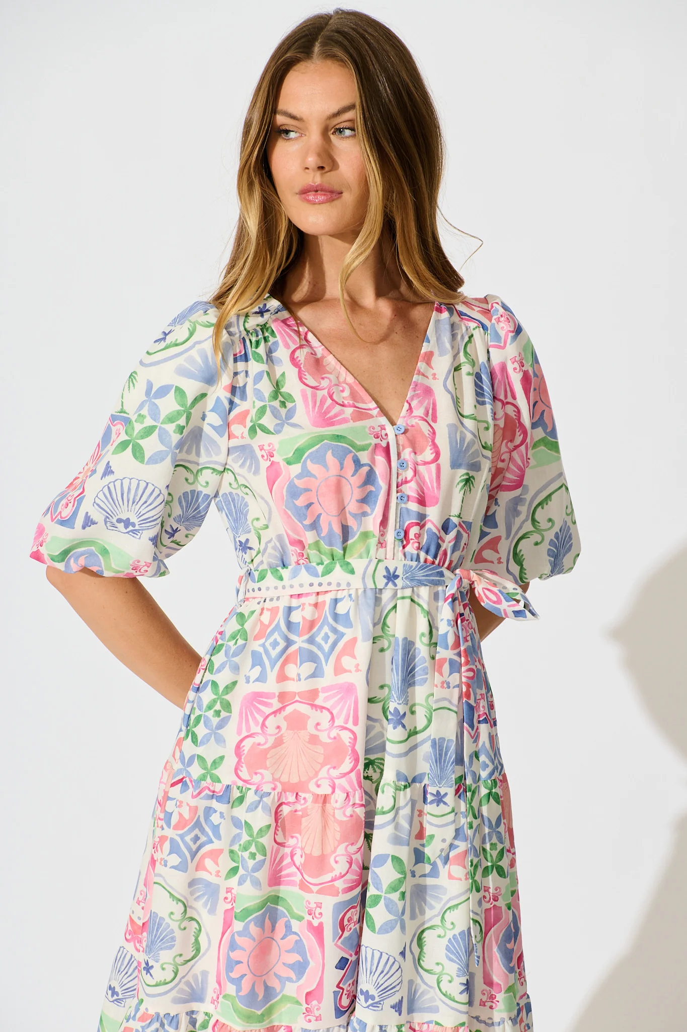 Violina Midi Dress in Multi Tile Linen Blend - Image 2