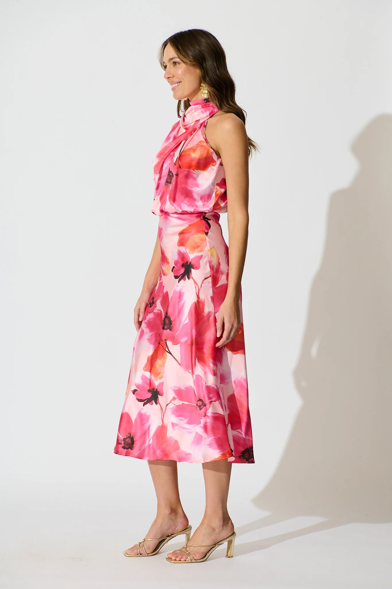 Visions Maxi Dress in Pink Floral Satin - Image 3