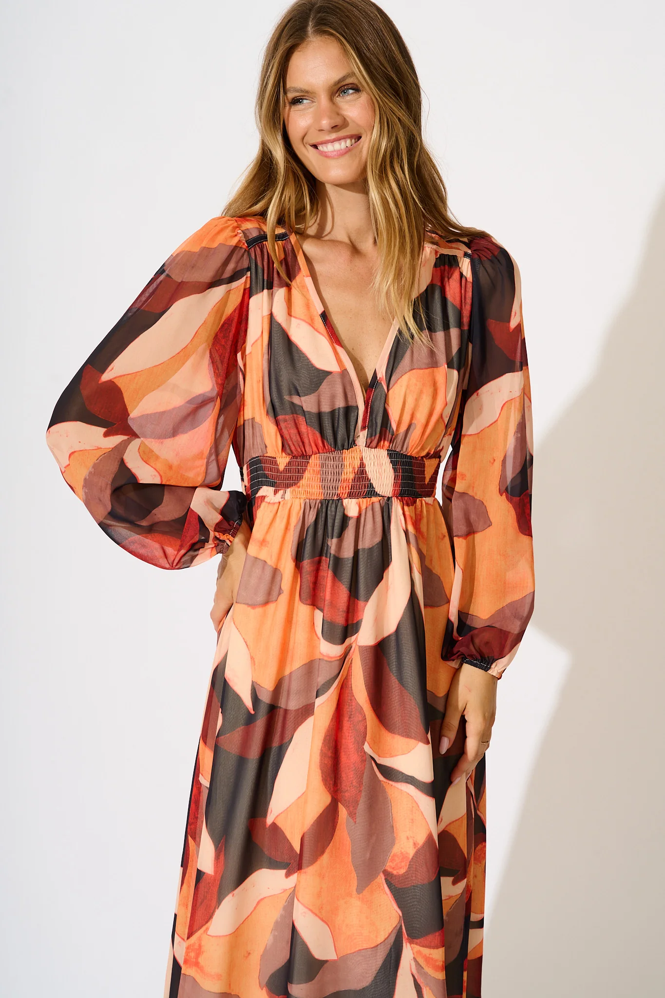 Vista Midi Dress in Tangerine Multi Leaf Print Chiffon - Image 2